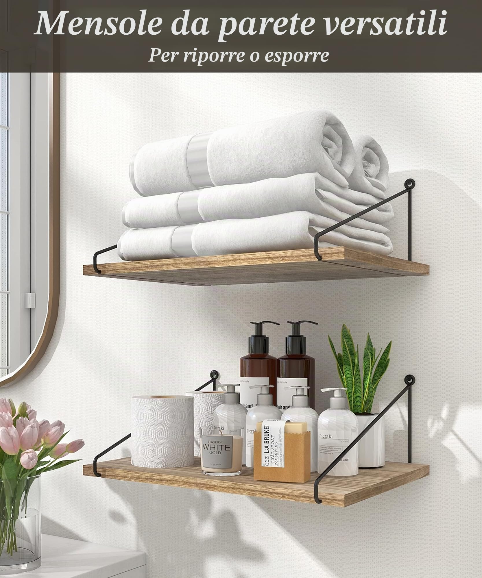 Afuly Mensole da Muro Legno Nere Metallo 42x30 cm Moderne Rustico Design Cameretta Bagno Cucina Home Decor, Set di 2
