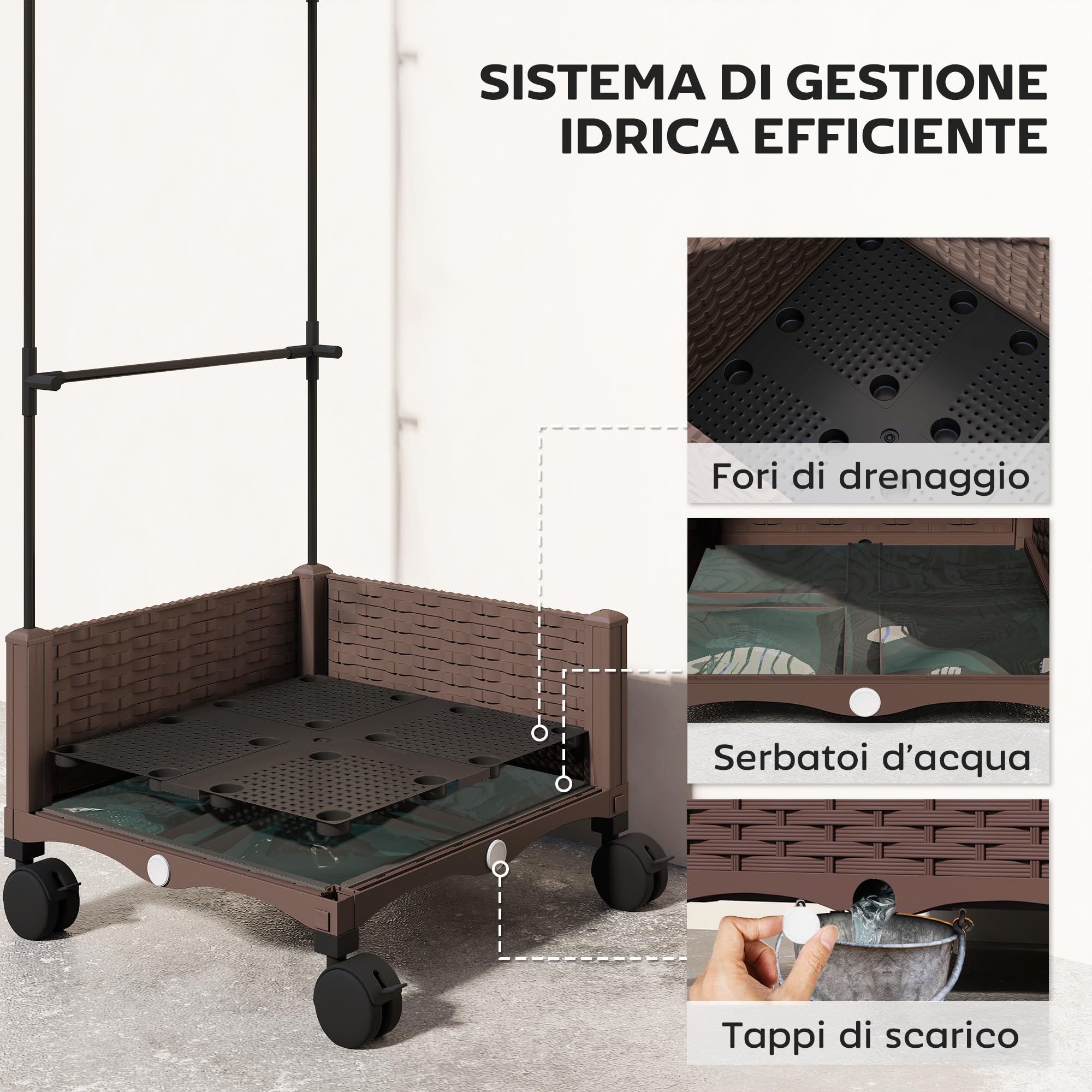 Outsunny Fioriera Rialzata con Traliccio 20L, Letto per Orto Rialzato da Esterno con Ruote Bloccabili, Sistema di Autoirrigazione, Fori di Drenaggio, per Piante Rampicanti, Verdure e Fiori, Marrone