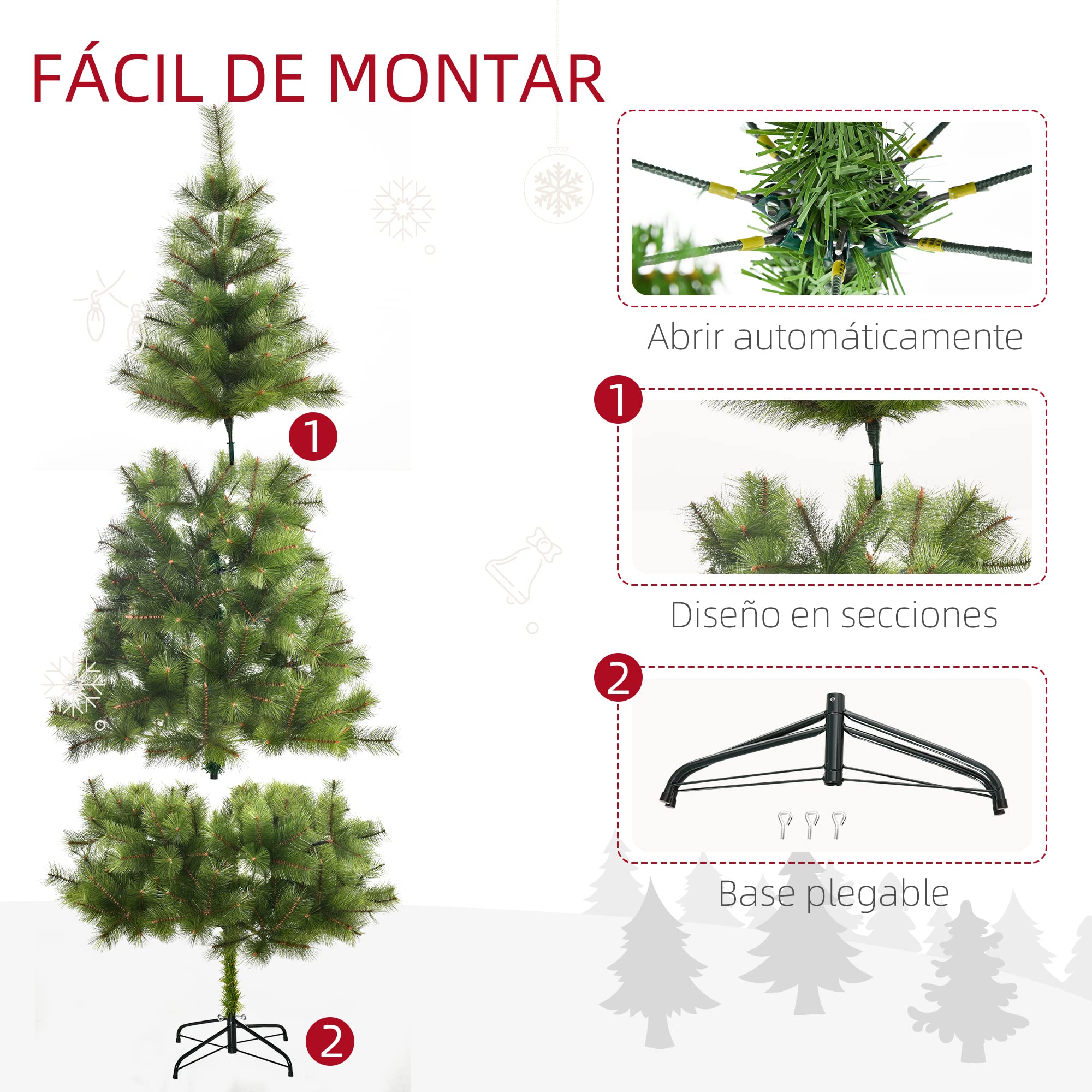HOMCOM Árbol de Navidad 210cm Artificial Árbol de Pino Decoración Navideña con Soporte Metálico 505 Ramas Verde Pet