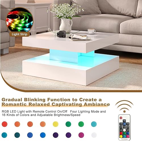 Miniatura 3 de Mesa de centro LED blanca para sala de estar, mesa central cuadrada de 2 niveles, mesa de centro moderna de madera contemporánea de alto brillo con