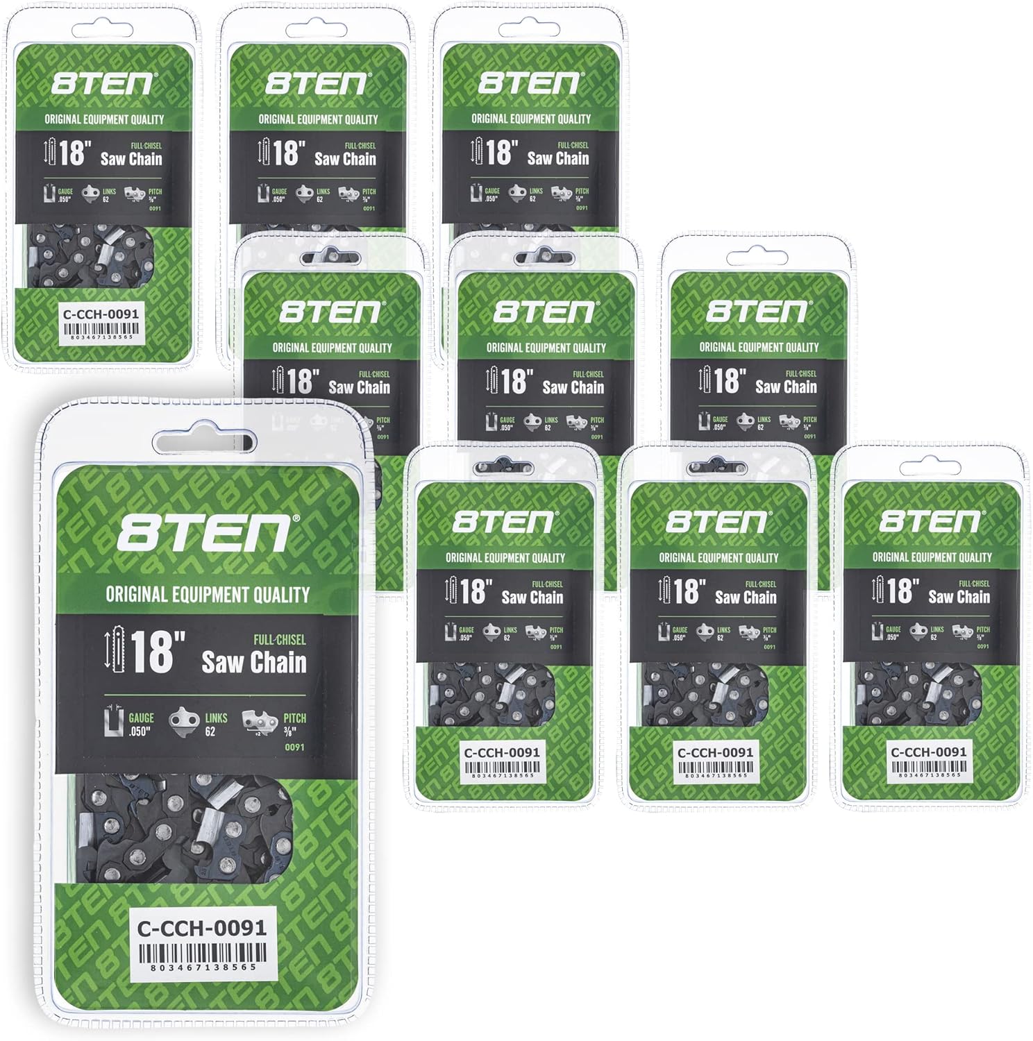 8TEN Full Chisel Chainsaw Chain 18 Inch .050 3/8 62DL for Husqvarna 235 240 Stihl Echo CS300 (5 Pack)