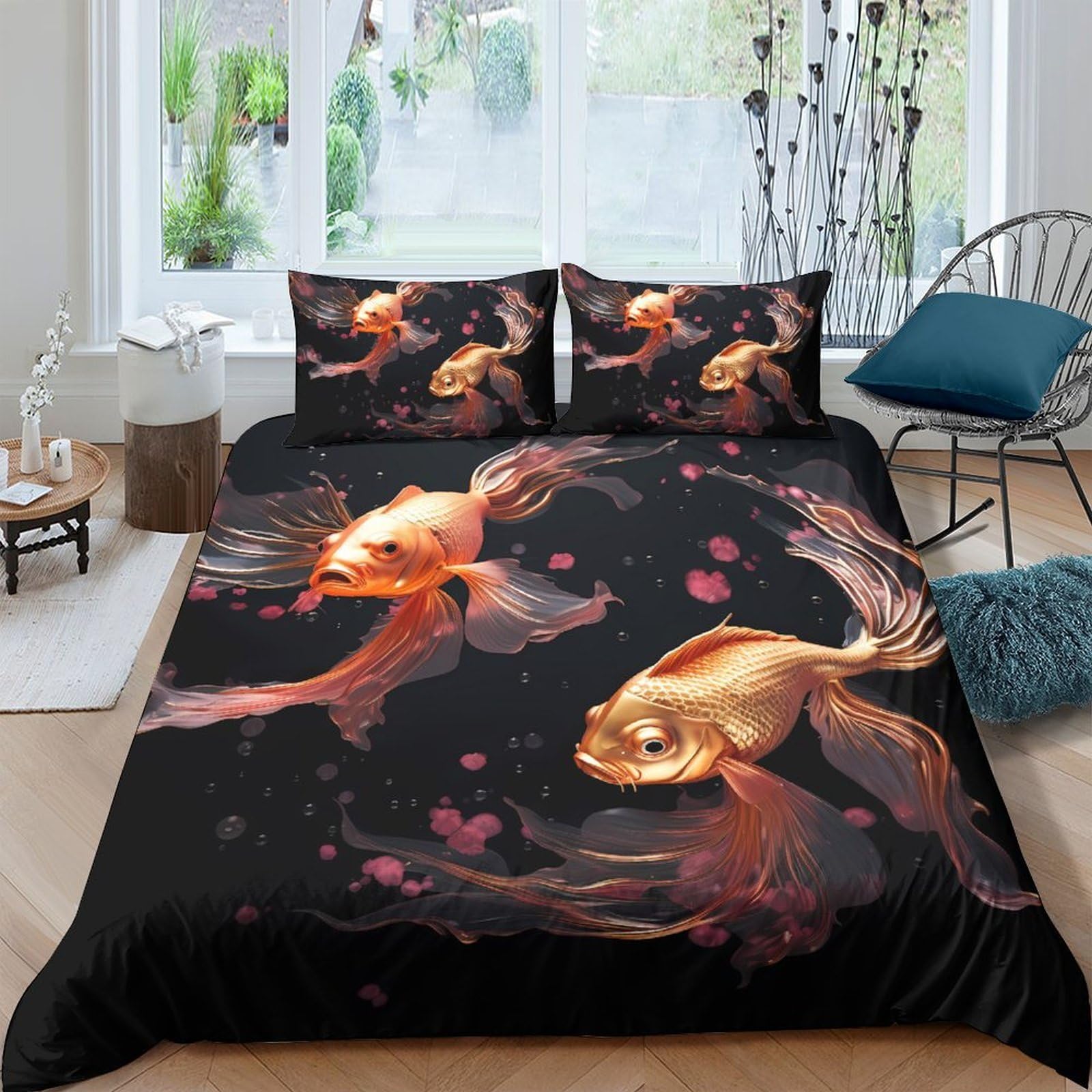 Ctjqhvkz Style-2 3D Printed Goldfish Fitted Sheet Microfiber Black Artistic Koi Bed Sheet For Bedroom Dorm Mattress Protection Decor Single（135X200cm）