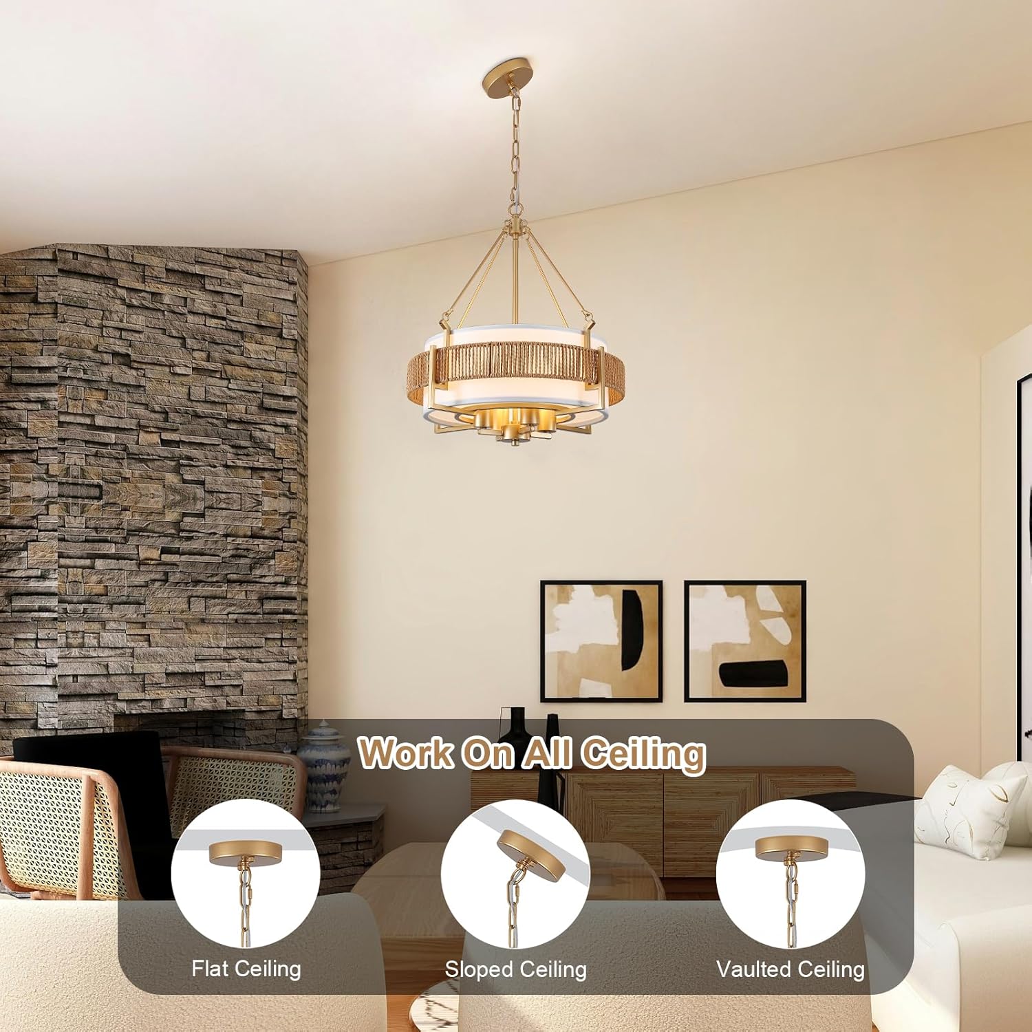 18.7'' Farmhouse Rattan Chandelier,4-Light Farmhouse Boho Drum Chandeliers with Fabric Shade,Modern Brushed Gold Chandelier for Dining Room Living Room Kitchen Island Hallway Foyer