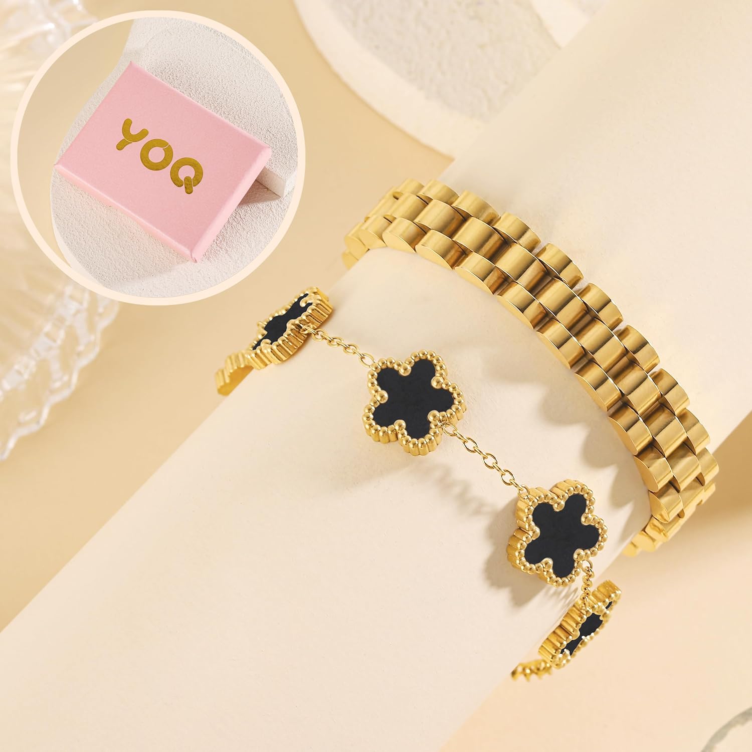 Stackable Four Leaf Clover Bracelets for Women, 18K Gold Plated Bangle Bracelets Set, 2 Pcs Charm Jewelry Gifts - Image 5