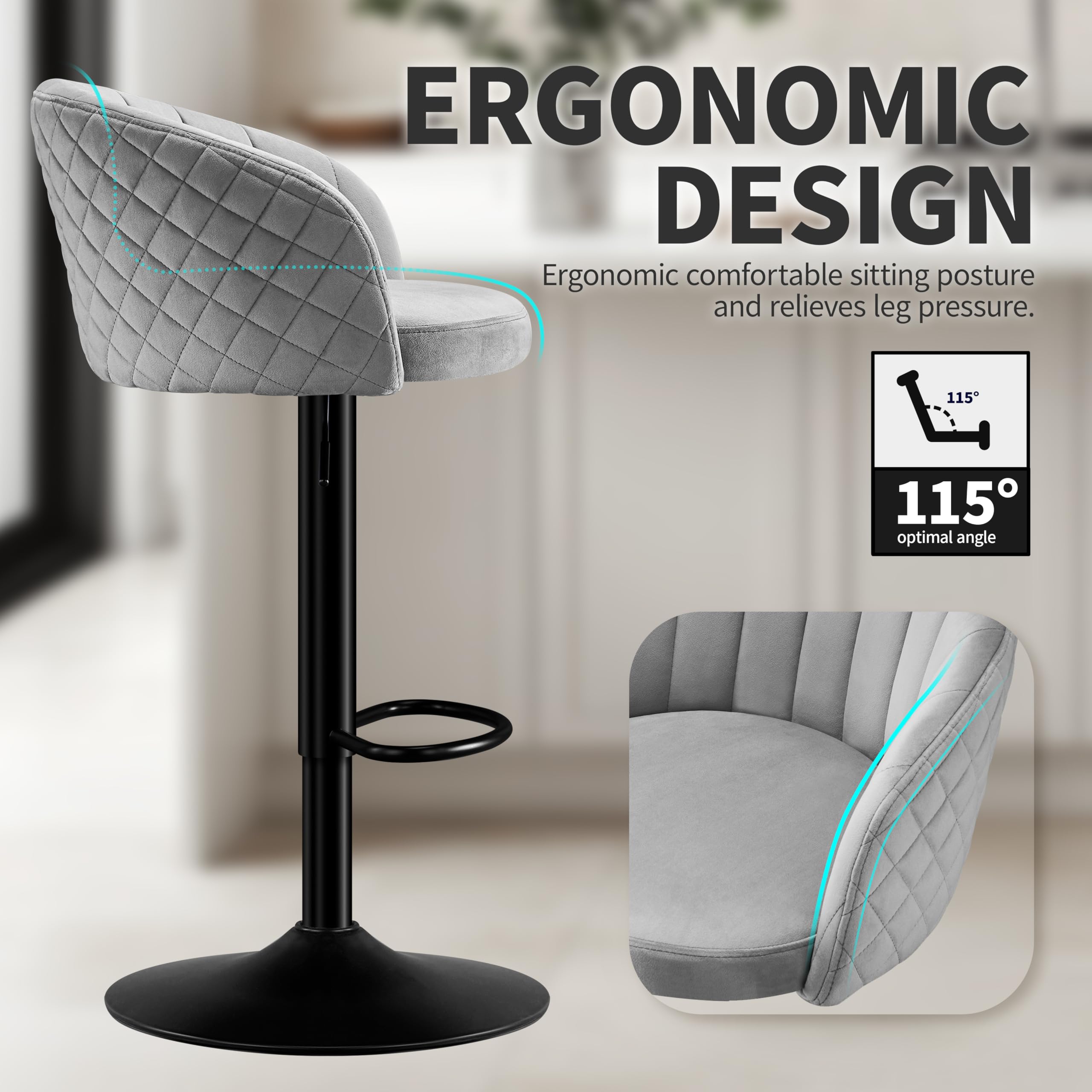 STOOLINK Barhocker 2er Set Höhenverstellbar Barstuhl Milch-samtstoff, Tresenhocker mit Lehne und Armlehne, Barhocker 360° Drehbar für Küche, Esszimmer, Café,Bistro-Grau