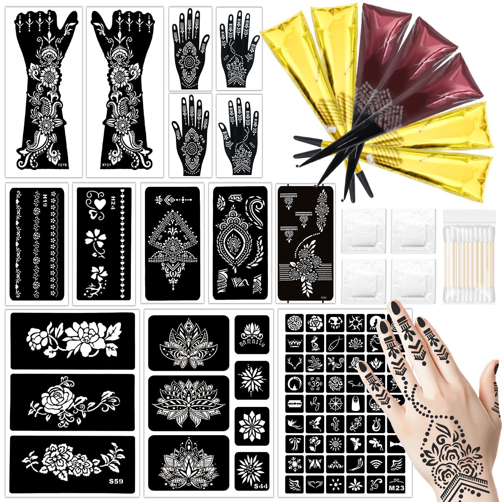 Temporary Body Art Tattoo Kit with 14 Reusable Stencils, 7 Tattoo Ink (Brown*3, Black*2,Maroon*2), Cotton Swabs & Disposable Gloves, DIY Skin Art Set for Beginners, Parties & Festivals
