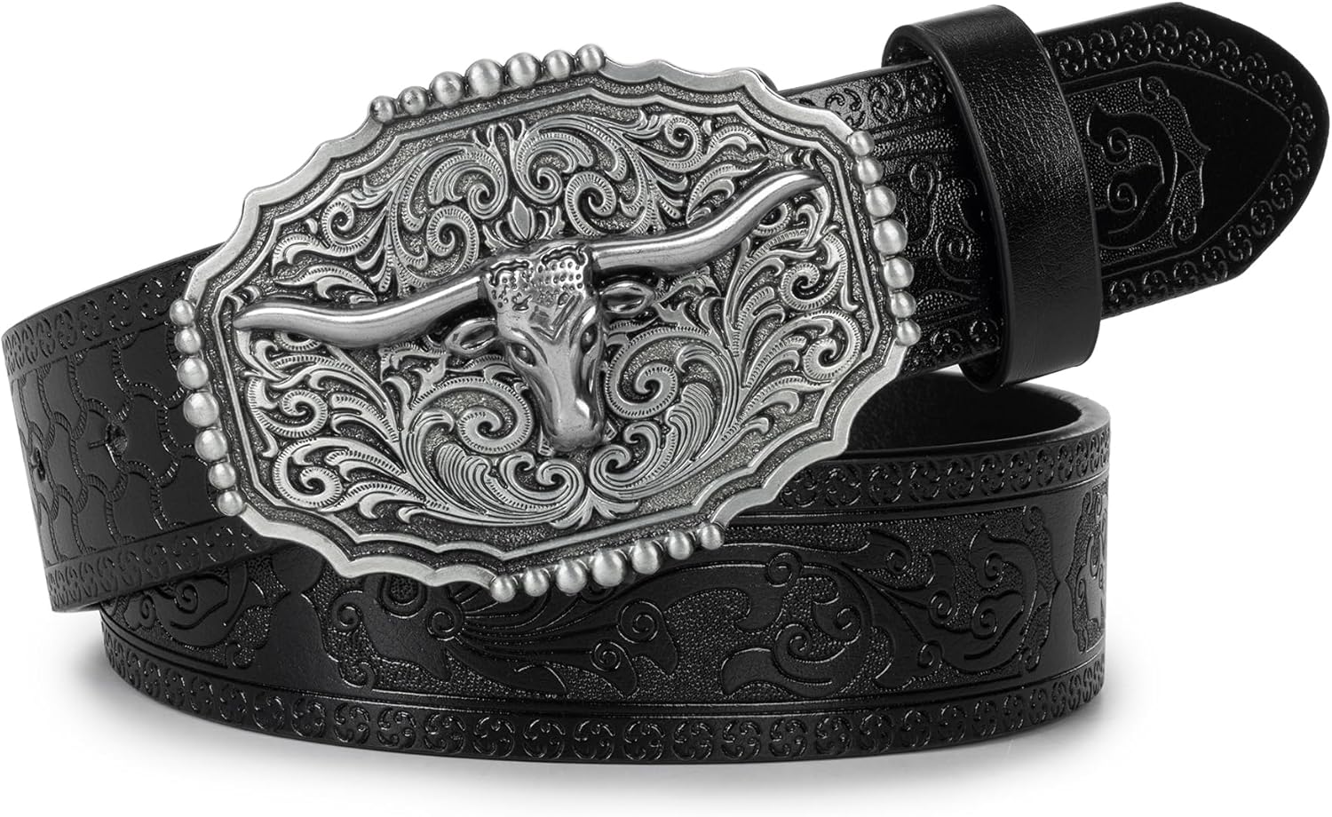 Western-Cowboy-Retro-Belt with Bull-Buckle, Floral Engraved Leather Cowgirl Belt for Jeans Pants