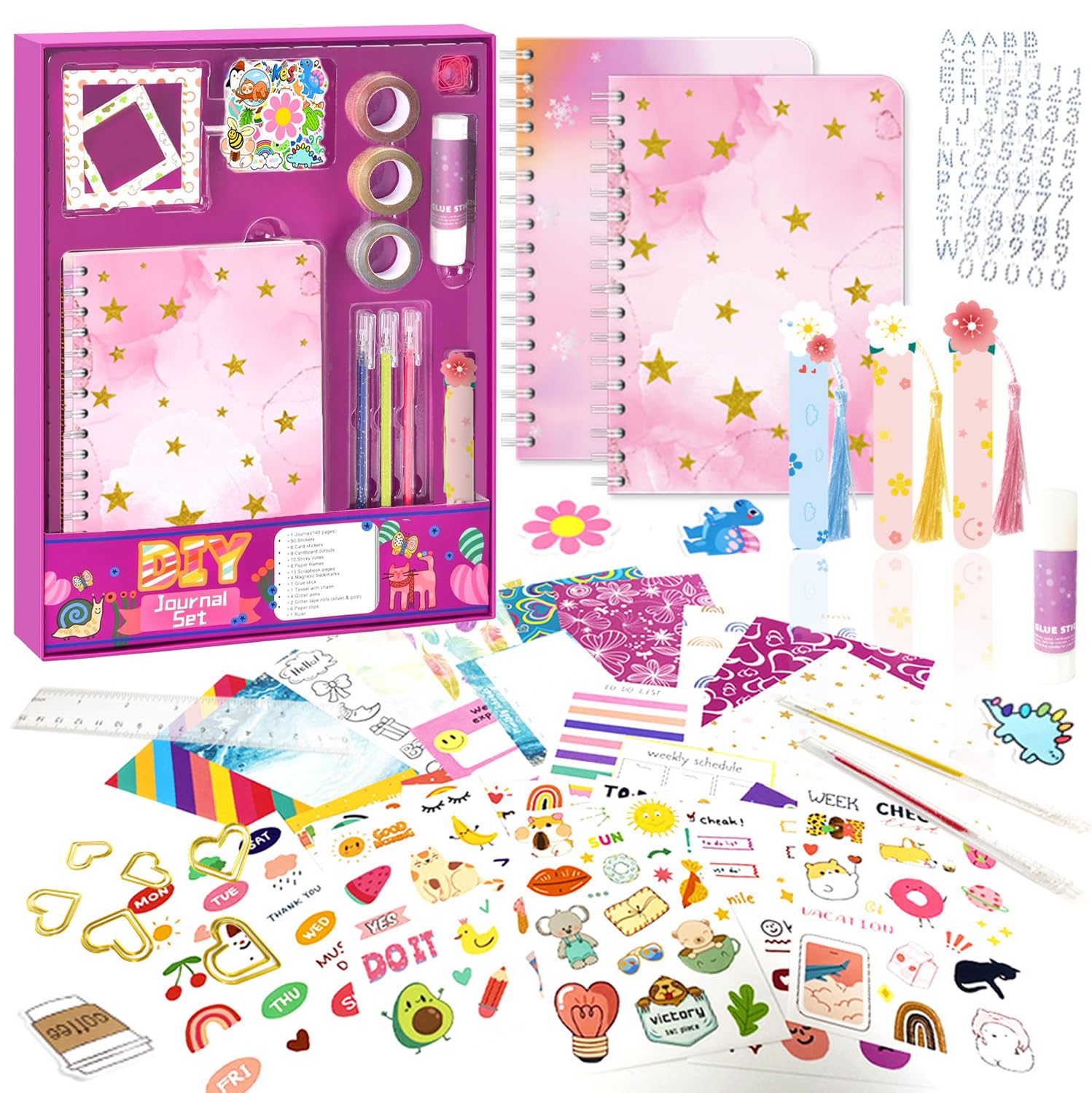 Moonmen 2 Pack DIY Journal Set for Girls Ages 8-12 - Kids Scrapbook Diary Journaling Kit for Writing, Ideas Birthday Gifts and Toys for 8 9 10 11 12 13+ Years Old, Teenage Girls (Pink A)