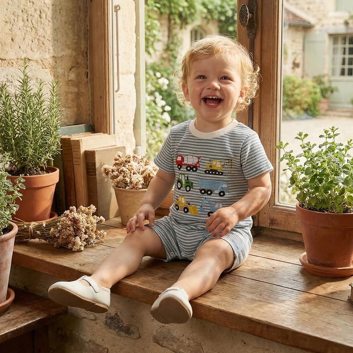 Newborn Baby Boy Summer Clothes Truck Embroidered Romper Striped Short Sleeve Jumpsuit Onesie Infant Boy Outfit