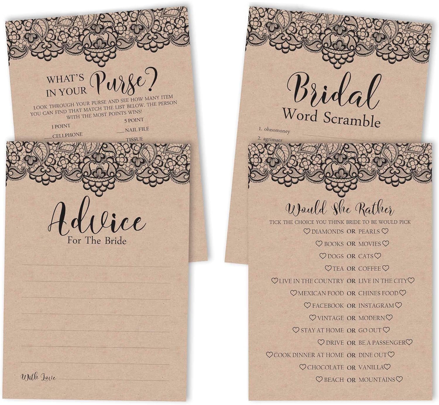 Bachelorette Party Games Set Bundle Victorian Black Lace Kraft of 4(50 Sheets Each) Fun Bridal Shower Games Set