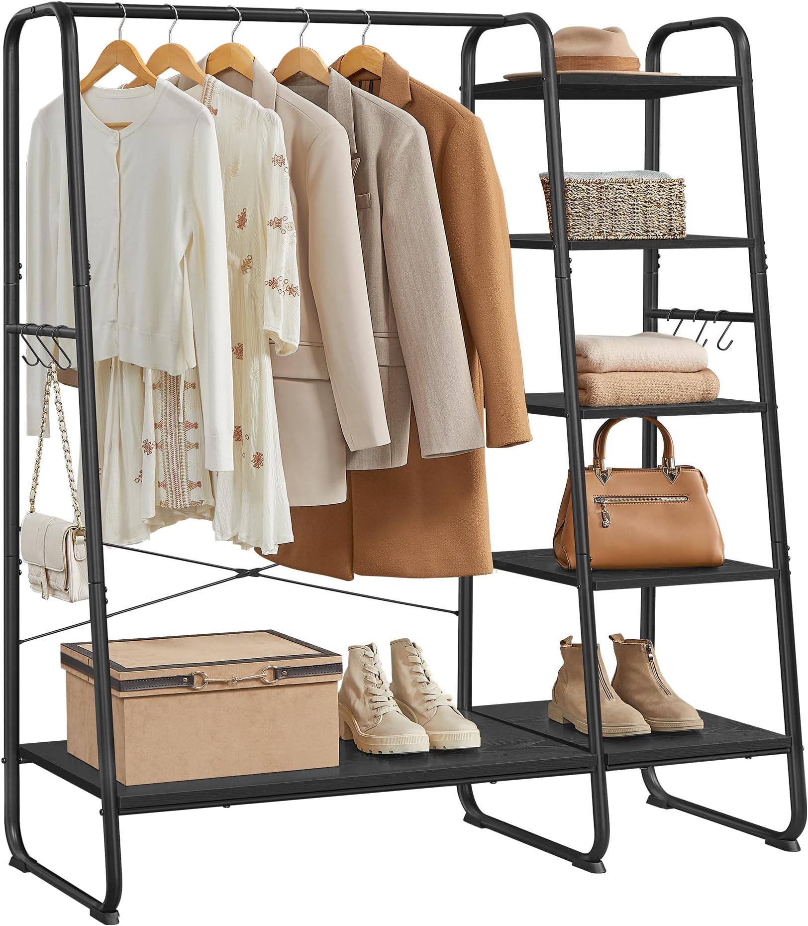VASAGLE Clothes Rail, Clothes Rack with Shoe Shelf, 5-Tier Storage Rack, 6 Side Hooks, for Bedroom, Living Room, Ebony Black and Matte Black RGR116B02