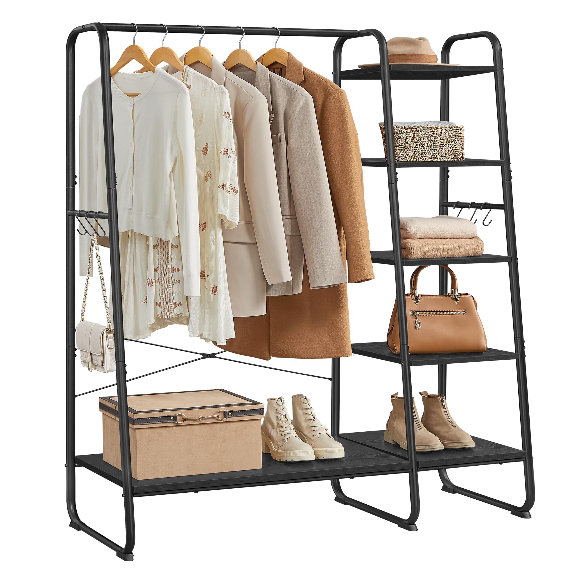 VASAGLE Clothes Rail, Clothes Rack with Shoe Shelf, 5-Tier Storage Rack, 6 Side Hooks, for Bedroom, Living Room, Ebony Black and Matte Black RGR116B02
