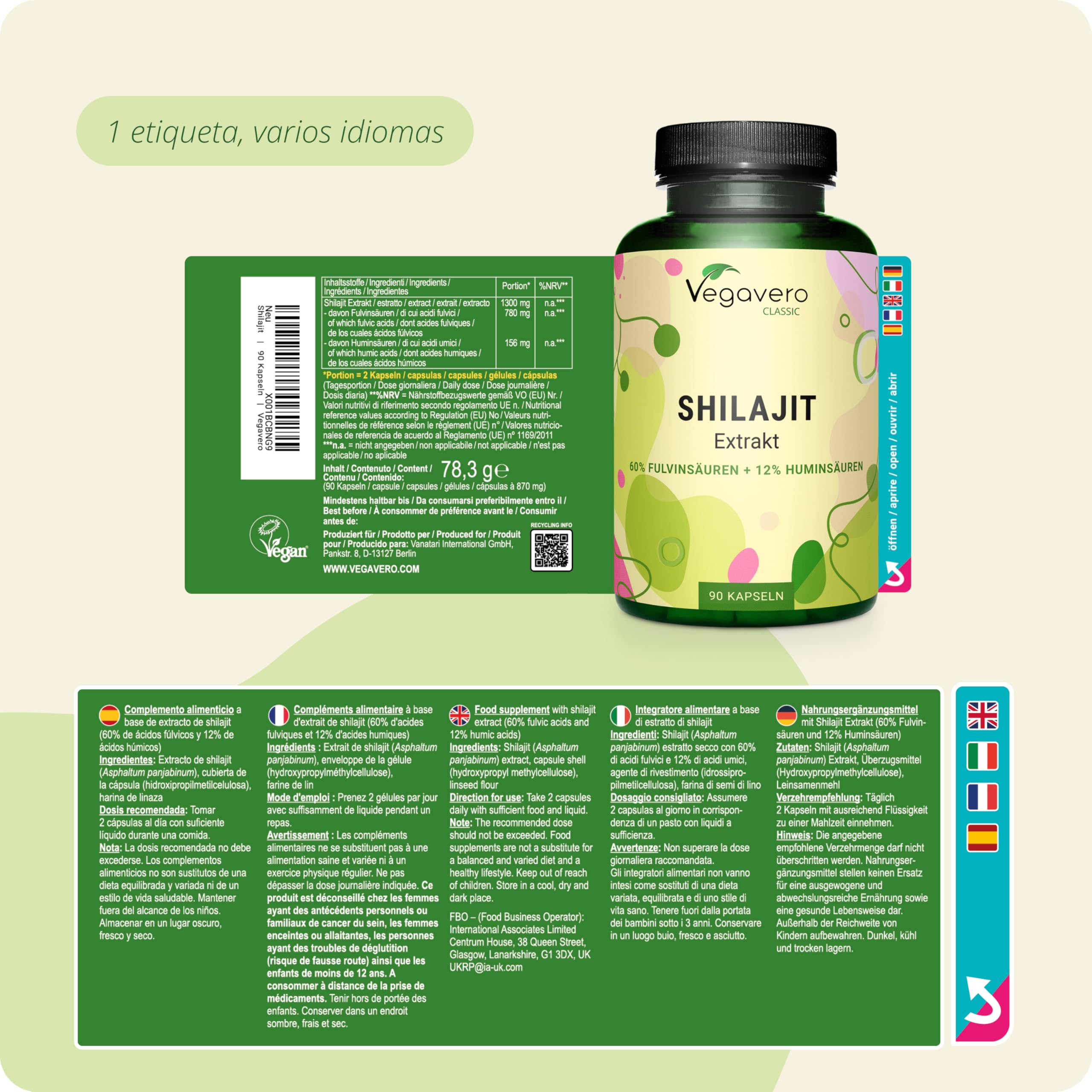 Shilajit Puro | 1.300 - DOSIS MÁS ALTA | 90 Cápsulas | 60% Ácido Fúlvico y 12% ácidos húmicos | Mumijo del Himalaya | Sin Aditivos | Vegavero