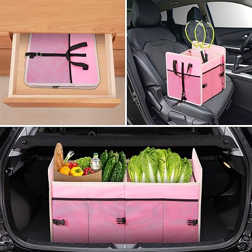 Miniatura 7 de Organizador de maletero de automóvil con bolsa enfriadora individual, 2 compartimentos, almacenamiento plegable para automóvil SUV (rosa)