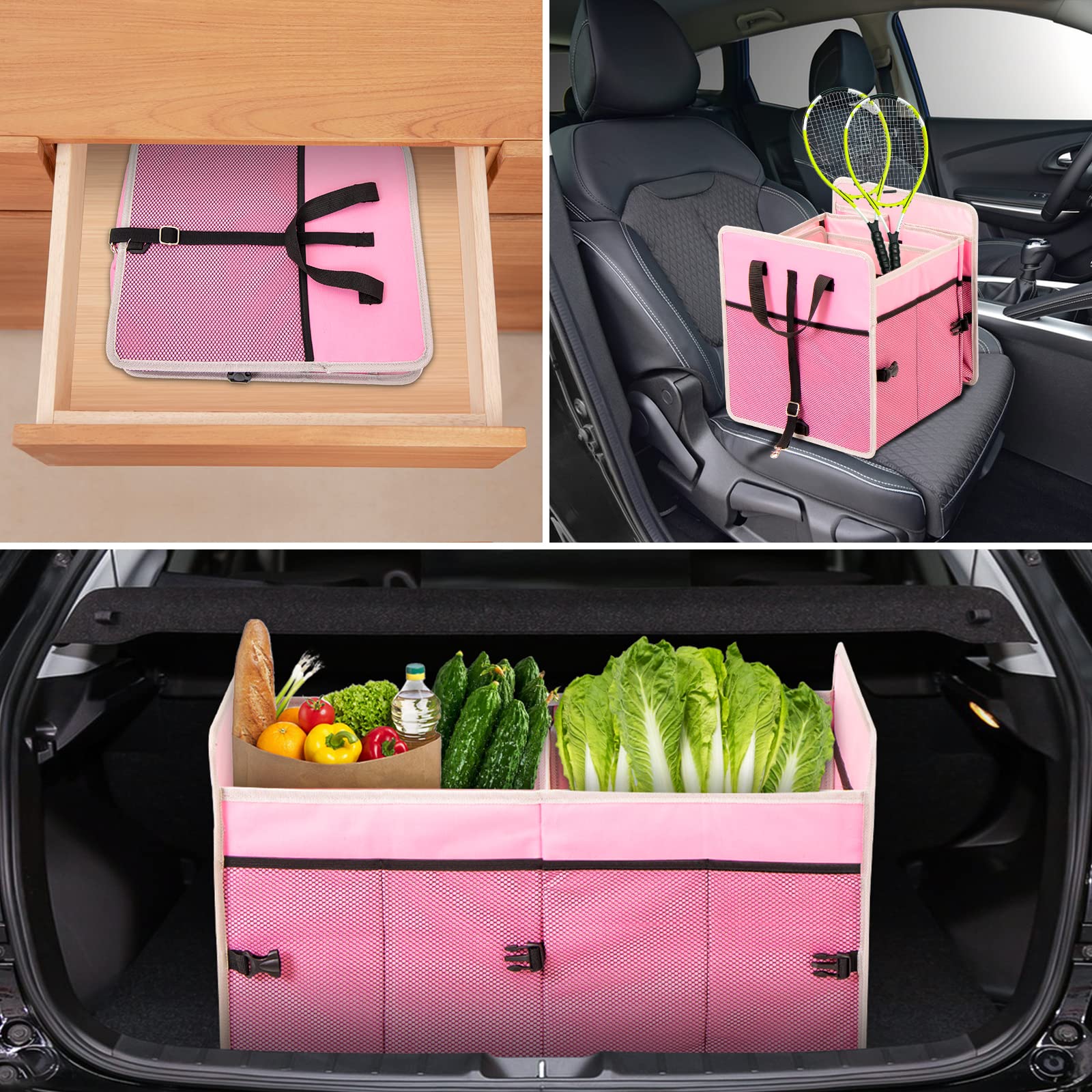 Organizador de maletero de coche con bolsa térmica individual, almacenamiento plegable de 2 compartimentos para SUV (rosa)
