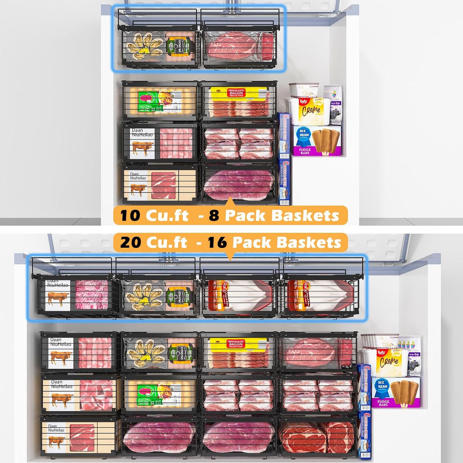 NADAMOO Hanging Chest Freezer Organizer Bins, 2 Pack Large Expandable Freezer Baskets for Chest Freezer, Metal Adjustable Storage Containers for Deep Freezer - Black