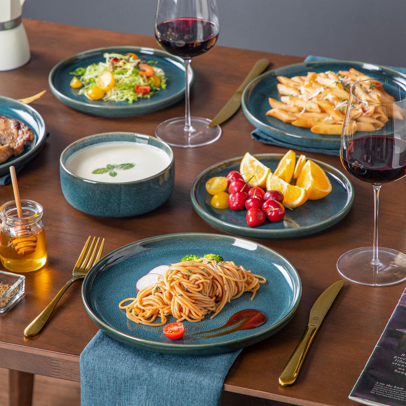 vancasso Geschirrset für 4 Personen, VEGA Tafelservice aus Steinzeug, Modernes Kombiservice 12tlg mit Speiseteller, Dessertteller und Müslischalen, Blau