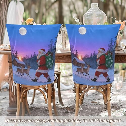 Miniatura 5 de Juego de 2 fundas extraíbles para sillas de banquetes de boda, diseño de alce de Papá Noel, para decoración de sillas de comedor