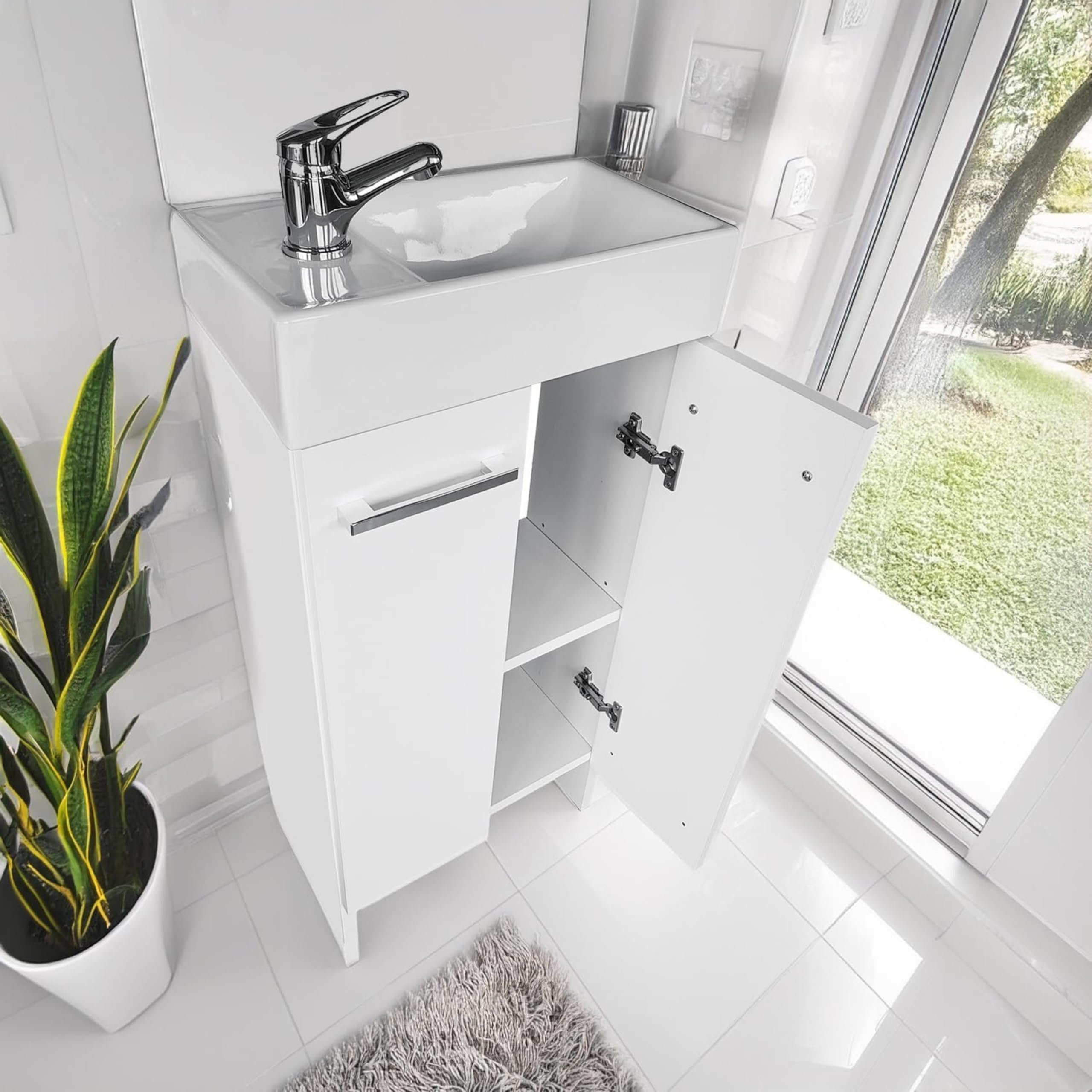 Lavandino Bagno con Mobiletto 41 cm Malibu, Ceramica, Mobile Bagno con Lavabo, Mobile Lavabo, Mobiletto Sotto Lavandino - Bianco