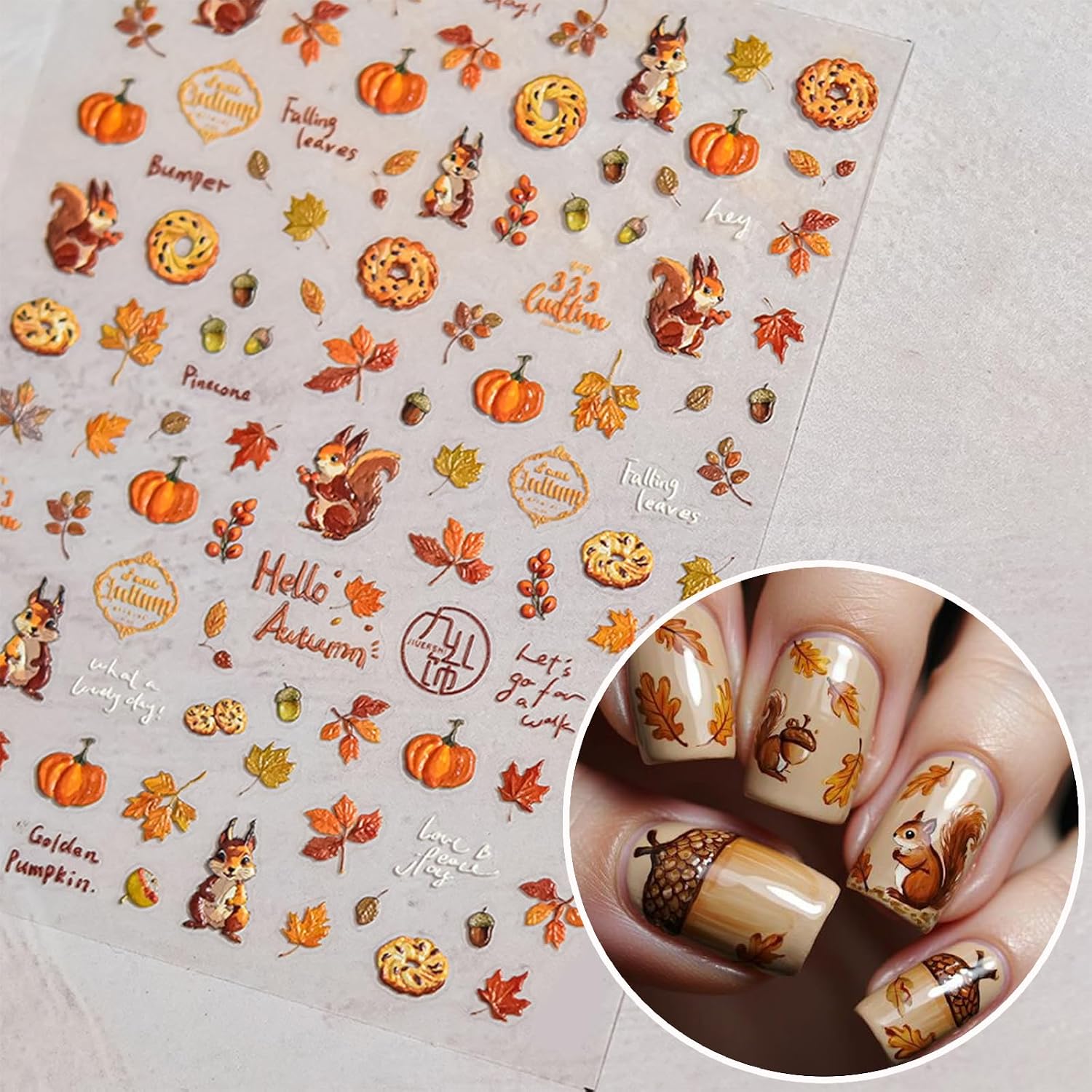 Fall Nail Art Stickers 5D Embossed Leaves Nail Sticker Autumn Squirrel Pine Cones Fallen Leaves Design Nail Decals Maple Leaf Manicure Stickers Accessories for Women DIY Nail Art Decorations image 3