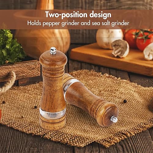 Miniatura 5 de Juego de molinillo de sal y pimienta, 2 piezas de molinillo de pimienta de roble con soporte, molinillo de cerámica ajustable de 6 pulgadas,