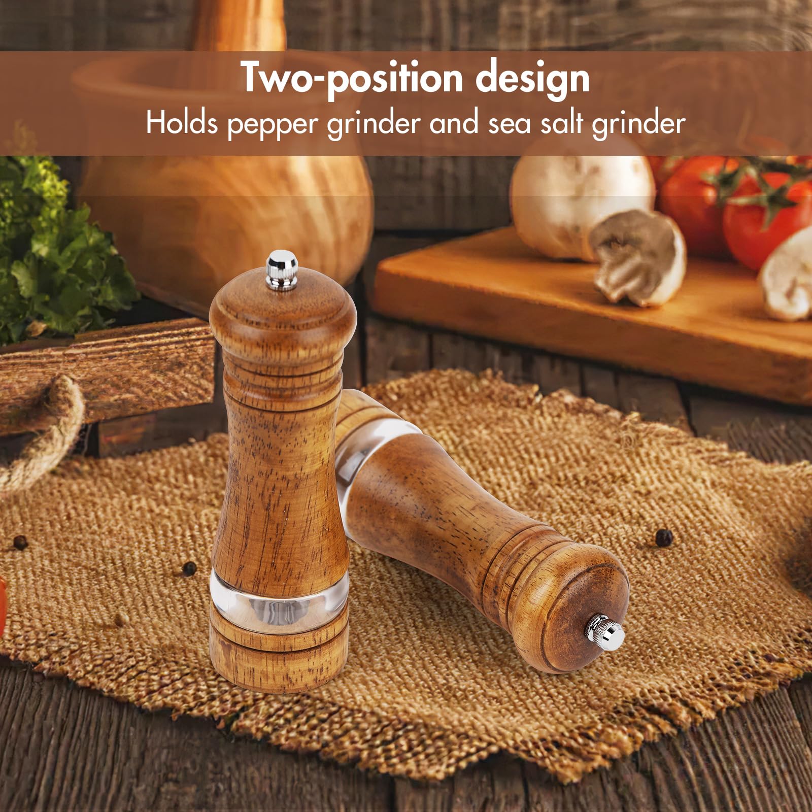Oak Pepper Grinder Set - Adjustable Ceramic Mills -5