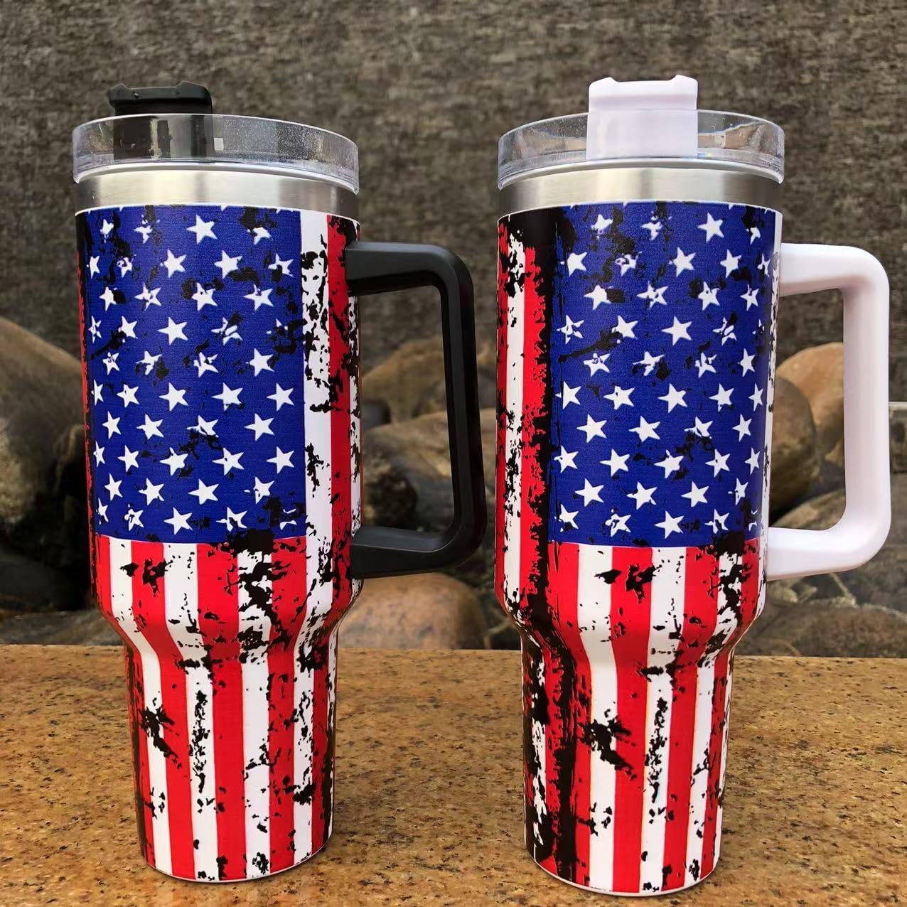 40 Oz Stainless Steel Travel Mug with Handle - USA Flag Insulated Tumbler - Navy Military - Black Handle - Image 5