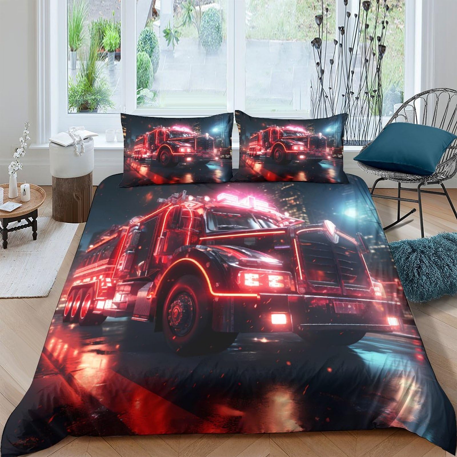 Ctjqhvkz Style-6 3D Printed Fire Truck Fitted Sheet Microfiber Bedroom Decor Red Lights Bed Cover For Adults Teens Dorm Mattress Protection Single（135X200cm）