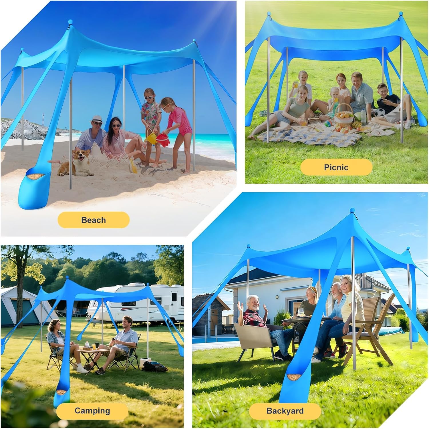 Strandzelt Sonnenschutz UPF 50+, 3 x 3 m Strand-Vordach Sonnenschirm, Pop-Up Strandvordach mit 8 Sandsäcken, Outdoor Sonnenschutz für Campingausflüge, Angeln (Himmelblau)