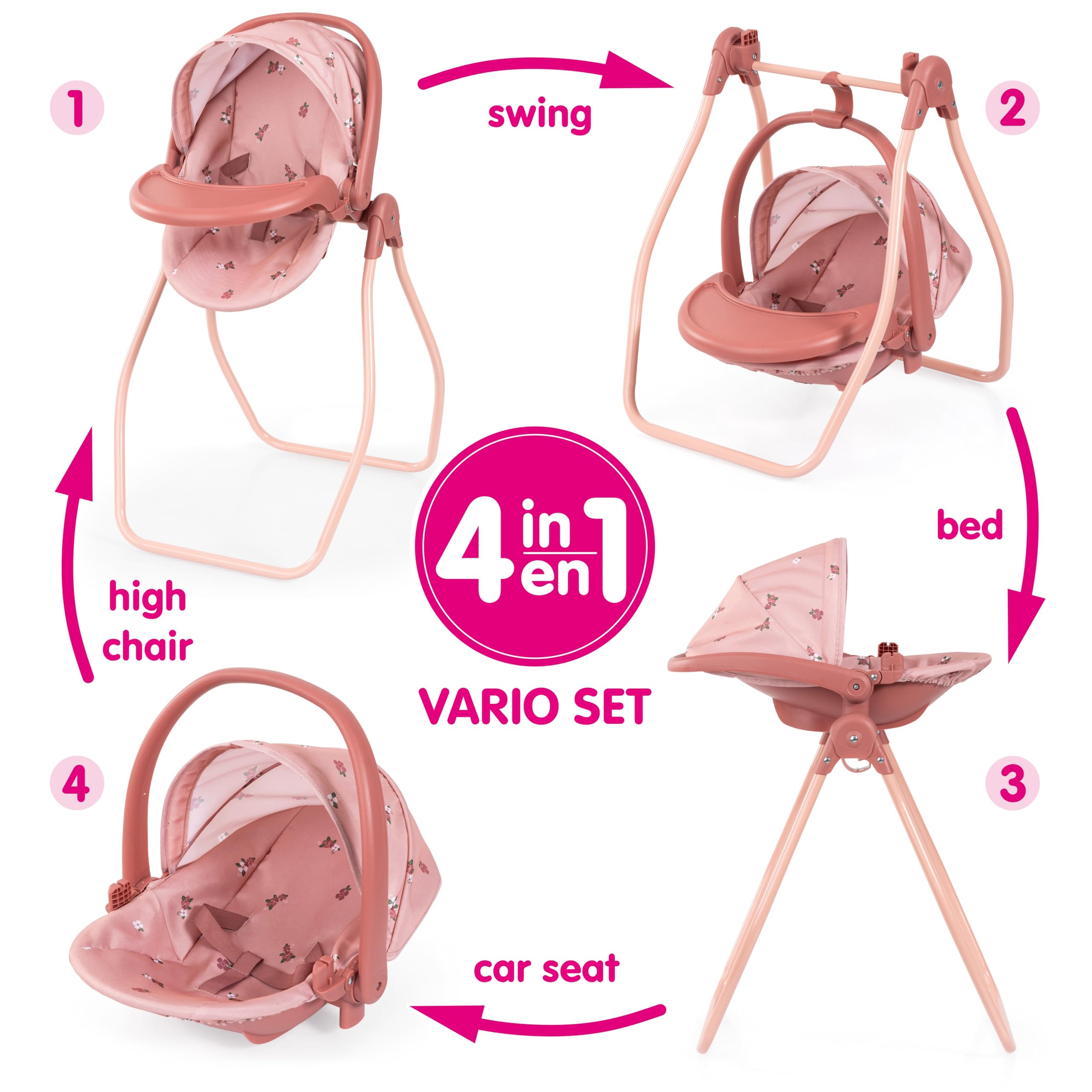 Bayer Design Accessori per bambola Set 4 in 1 seggiolone | Seggiolino auto, lettino, altalena per bambole per giochi di ruolo versatili