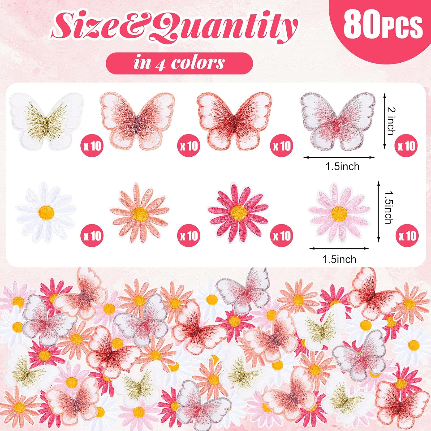 Cindeer 80 Pcs Butterfly Flower Iron on Patches for Clothing, Cute Embroidered Sew on Applique Patches for Jeans Jackets Backpacks Tote Bags Hats DIY Craft Repairs, Assorted Colors & Sizes