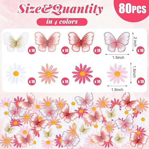 Miniatura 2 de Cindeer 80 parches bordados para planchar, juego de parches para planchar con diseño de margarita y mariposa, mini decoración linda para coser en