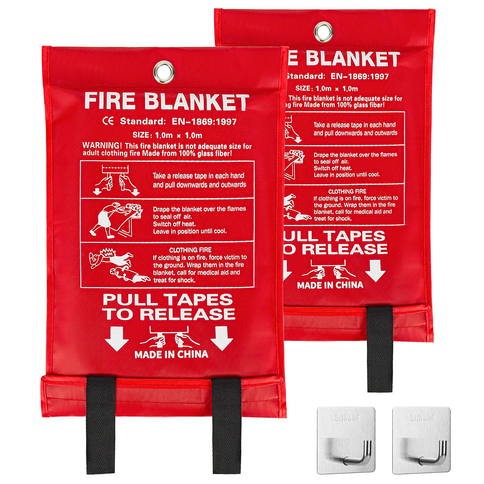 GELBEKUH 2Pack Emergency Fire Blanket Set with Hooks Fire Suppression