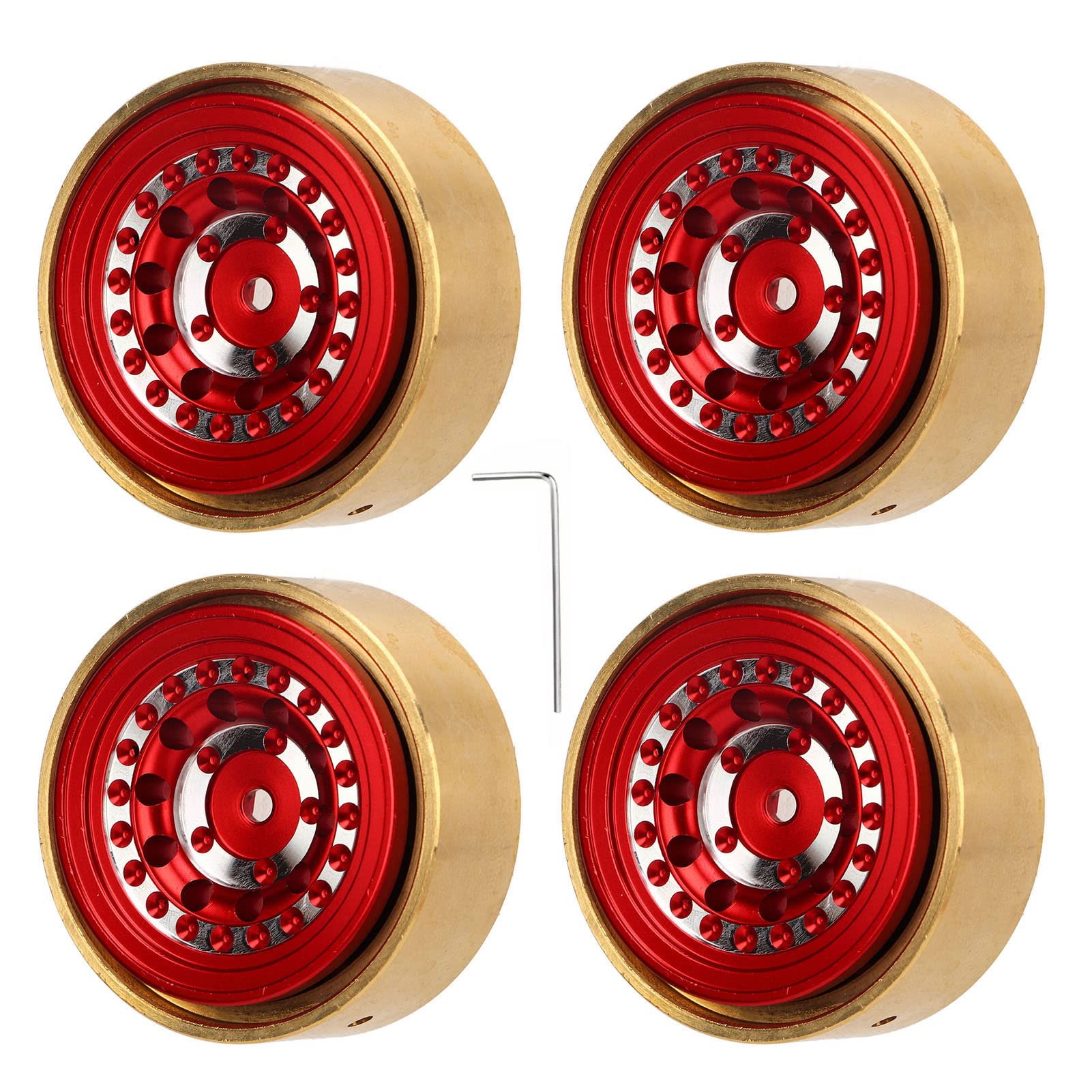 plplaaoo RC Beadlock Wheels Profesjonalny blok obciążnika koła ze stopu aluminium z mosiądzu do FMS FCX24 1/18 1/24 RC Car 4-częściowy zestaw z kluczem w zestawie (czerwony)