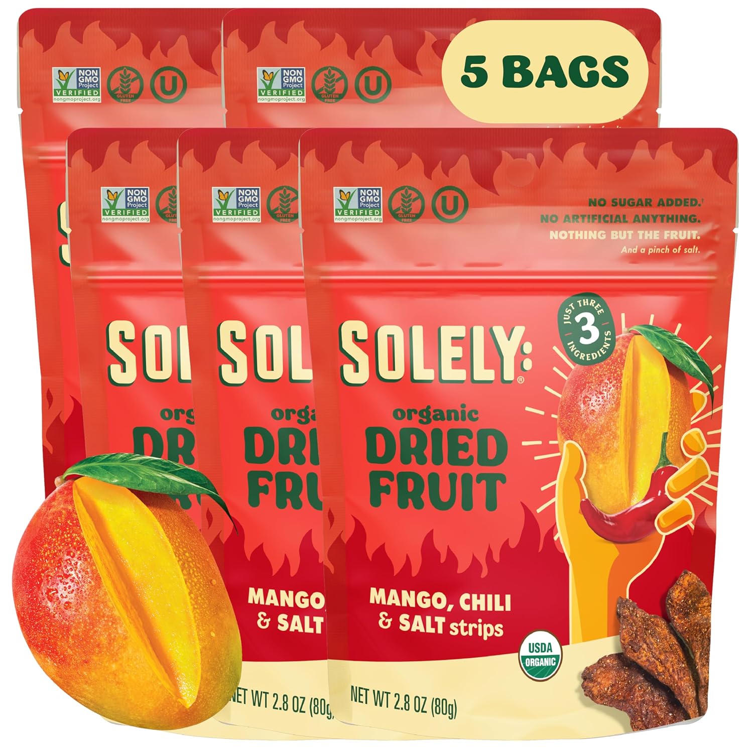 SOLELY - Organic Dried Mango Strips with Chili and Salt (2.8 oz Resealable Bags, Pack of 5) Real Fresh Fruit - Healthy Snacks for Adults & Kids - Non GMO, Vegan Snacks, Shelf Stable - 5 Bags (14 oz)