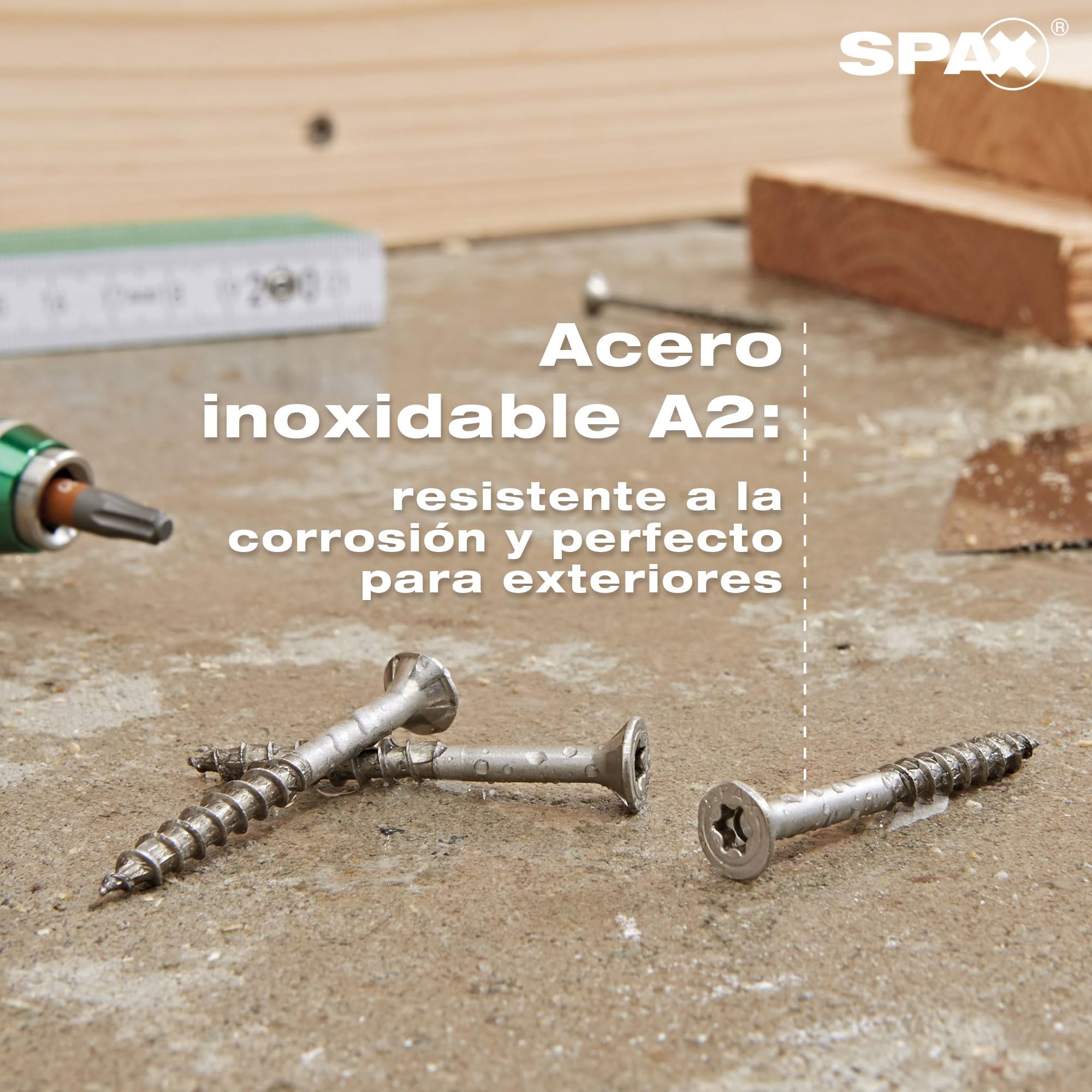 SPAX Tornillo de Acero Inoxidable A2 6 x 100 mm T30, 90 pzas. | Cabeza avellanada MULTI con rosca parcial, punta 4CUT y perfil ondulado para madera en exterior y jardín.