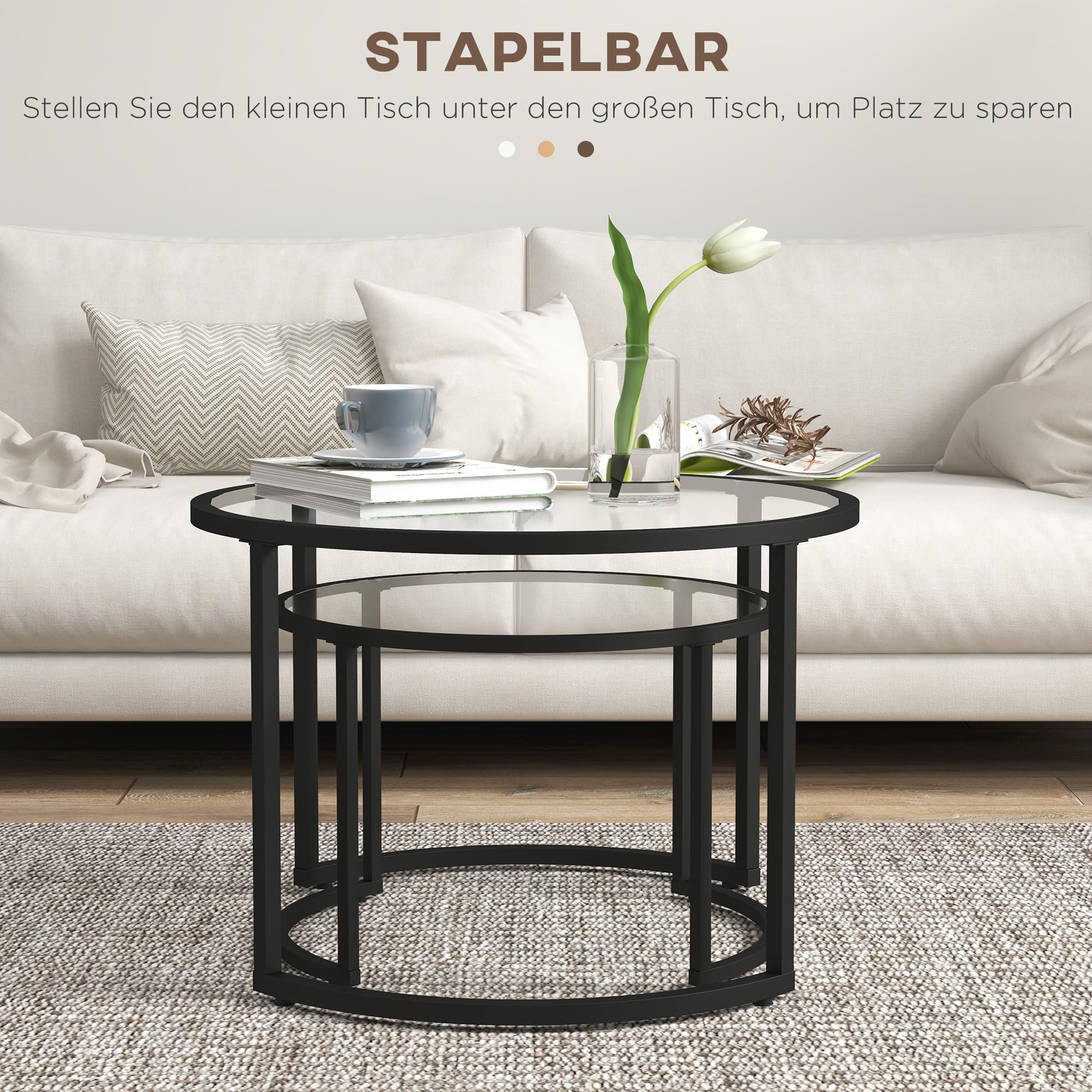 HOMCOM Couchtisch rund 2er Set Beistelltisch mit Tischplatte aus Hartglas