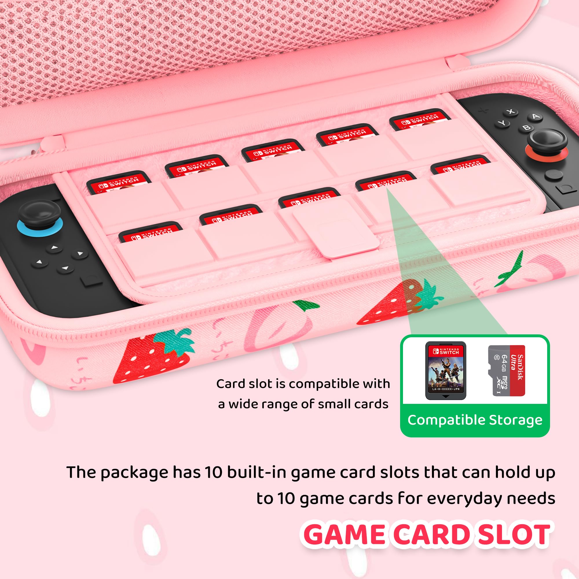 FANPL Bonita funda de transporte para Nintendo Switch 2, funda protectora con funda de viaje, carcasa dura, correa de hombro ajustable, agarres para el pulgar, protector de pantalla (fresa rosa)