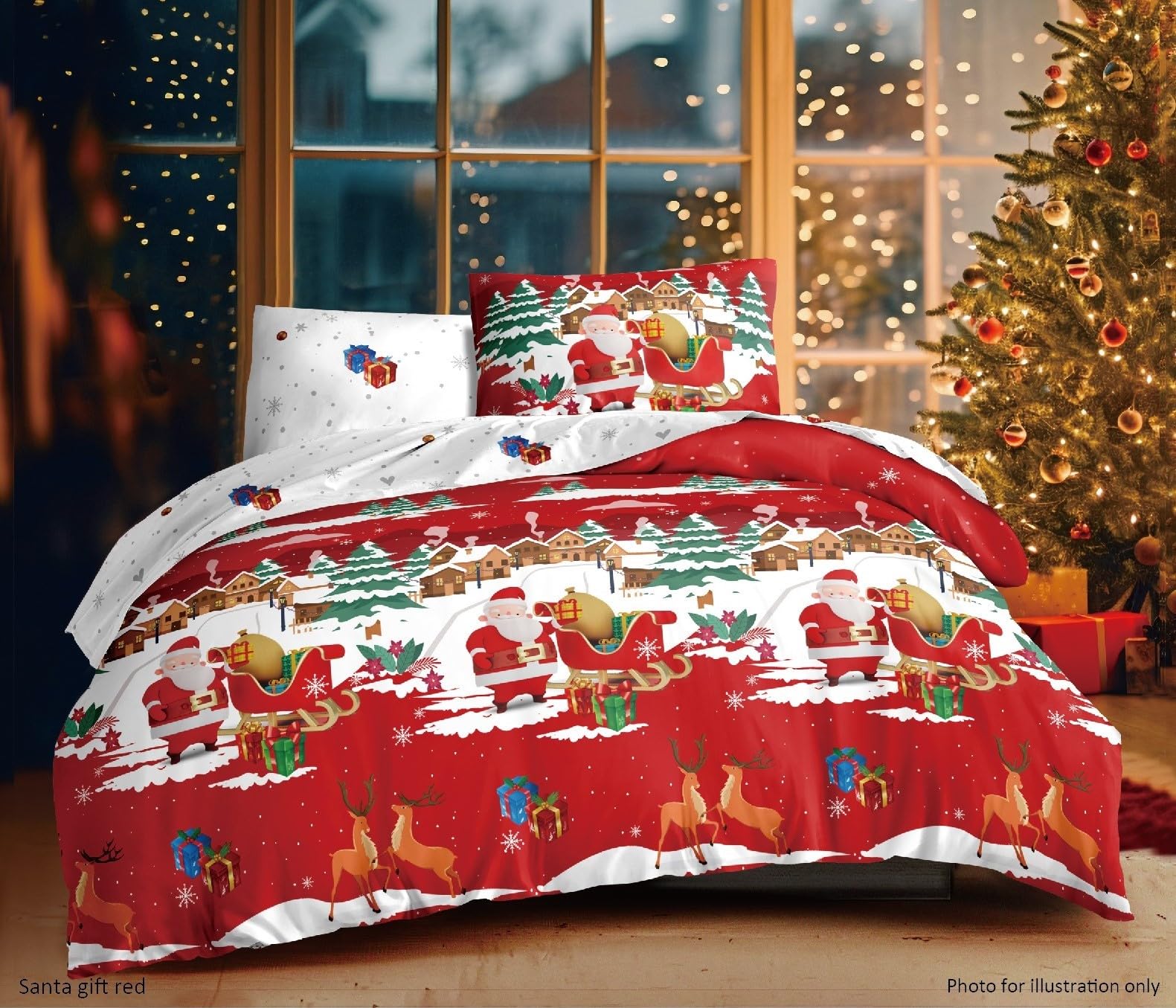 Charlotte Andersen Red Chalotte Andersen Santa Christmas Duvet Cover King – Reversible Xmas Bedding Set With Pillowcase – Santa Sleigh & Reindeer Design – Soft Festive Bedding For Kids & Adults (, King)