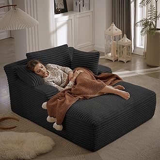 50 Inches Chaise Lounge Indoor, Oversized Chaise Lounge Chair with 3 Throw Pillows and Armrests, Corduroy Upholstered Plush Sofa Bed Lazy Chair Bed Sleeper Chair for Living Room Apartment (Black)