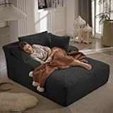 50 Inches Chaise Lounge Indoor, Oversized Chaise Lounge Chair with 3 Throw Pillows and Armrests, Corduroy Upholstered Plush Sofa Bed Lazy Chair Bed Sleeper Chair for Living Room Apartment (Black)