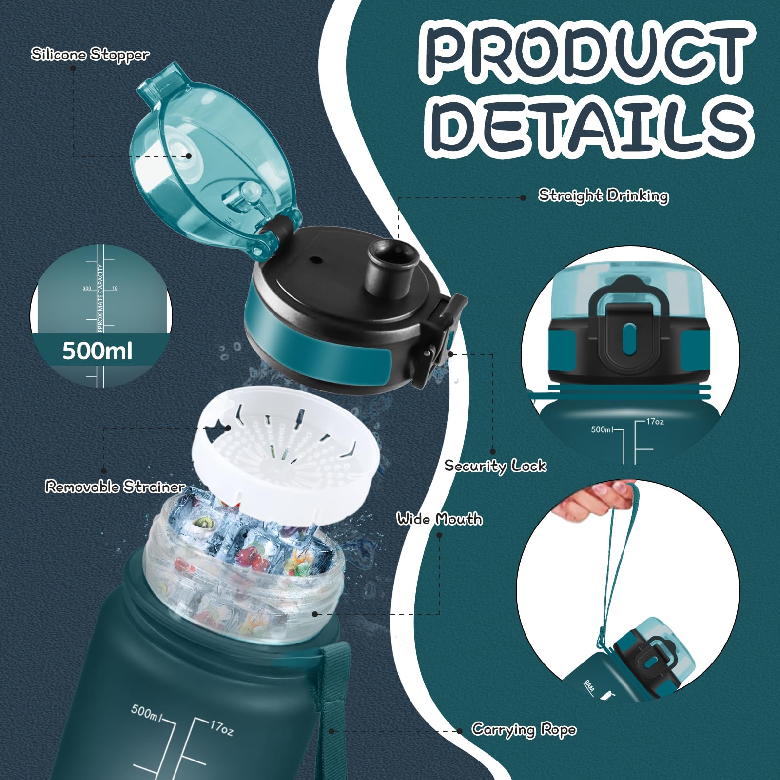 Trinkflasche Kinder, Trinkflasche 500ml, Auslaufsicher, Wasserflasche Kohlensäure Geeignet, Wasserflasche mit Motivierendem Slogan, Water Bottle für Schule, Schwimmen, Büro, Running, Camping - 5