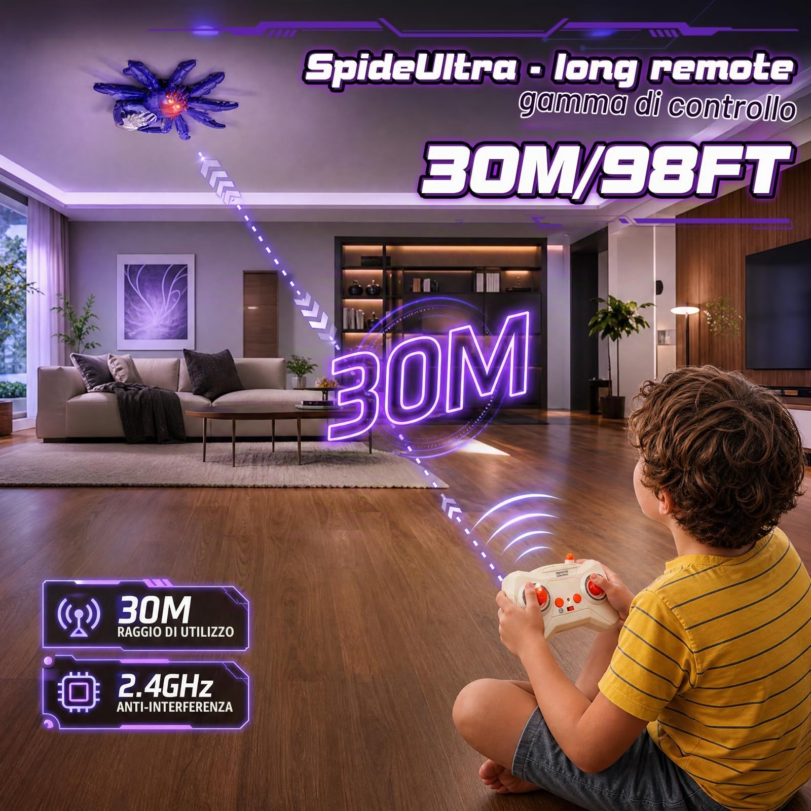 Ragno giocattolo telecomandato, ragno da parete per auto, giocattolo ragno radiocomandato, con 8 zampe, rotazione a 360°, occhi LED, pareti di arrampicata per parete e pavimento, per bambini