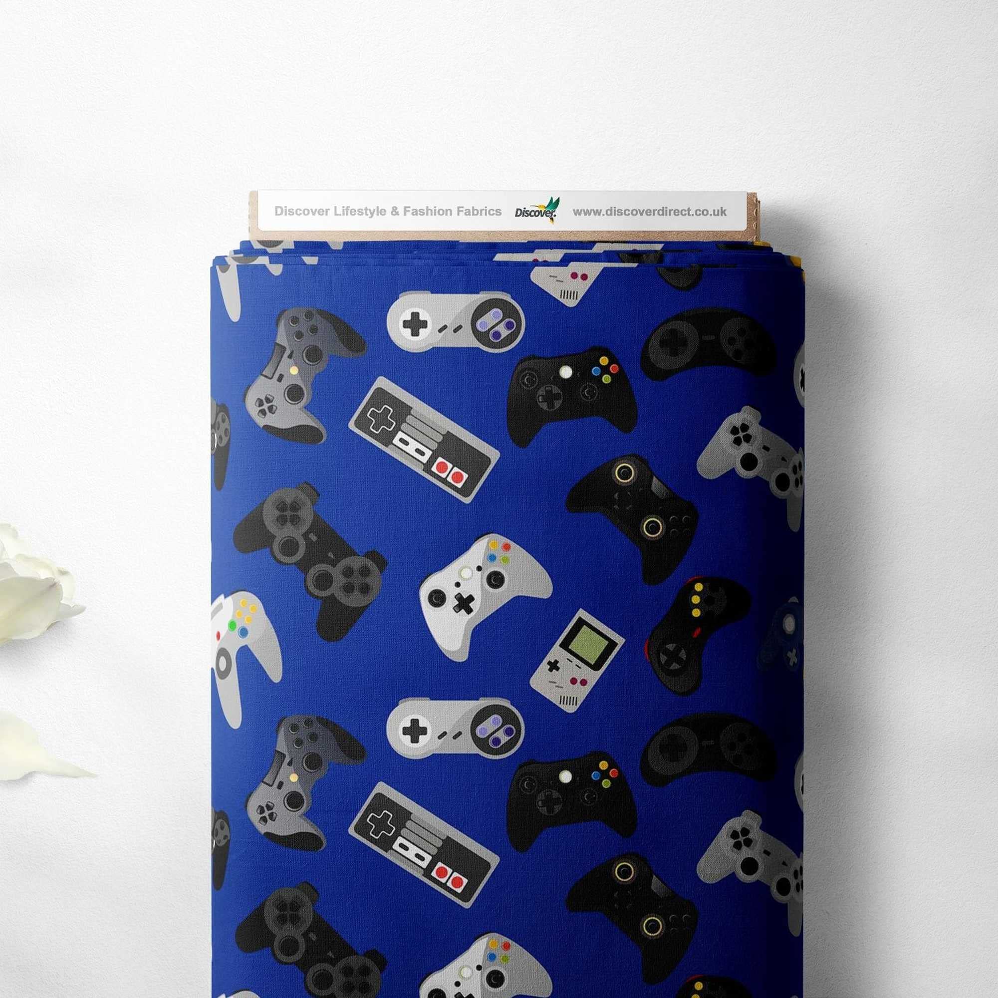100% Cotton Gaming Controller Console Novelty Printed Design Quilting Kids Craft Dress Quality Sewing Premium Fabric Material | 55" - 140 cm Wide (per Half Metre, Blue)