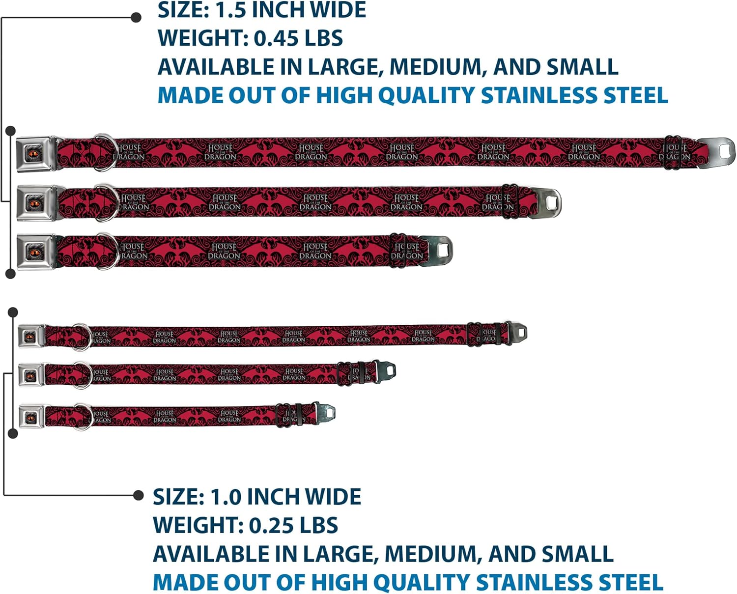 House of The Dragon Pet Collar with Dragon Icon - Metal Seatbelt Buckle Dog Collar, Black Red White, 16 to 23 Inches, 1.5 Inch Wide