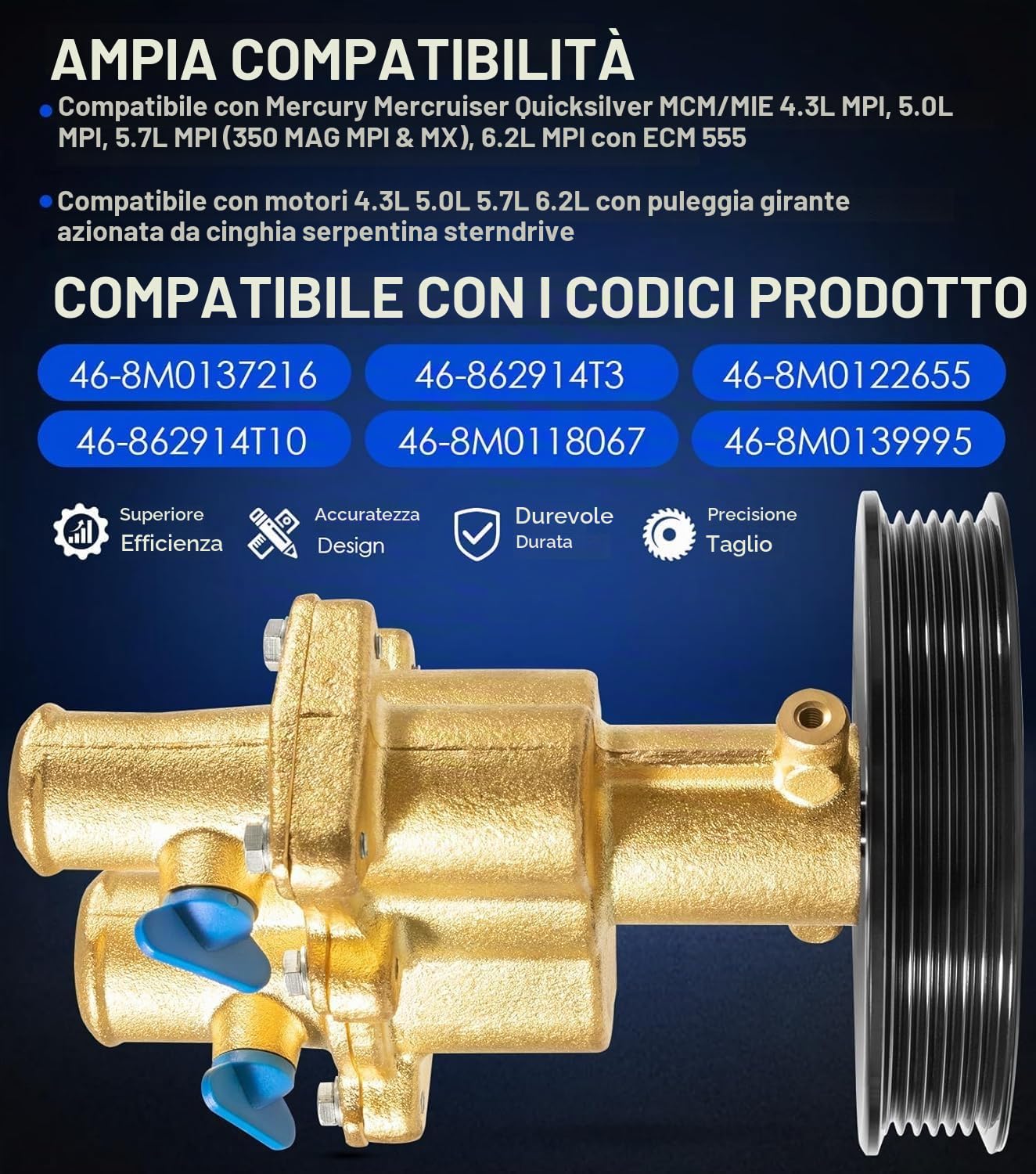 Nuova pompa acqua girante per Mercury Mercruiser 4.3, 5.0, 5.7, 6.2. Sostituisce 8M0137216, 46-862914T10, 46-8M0118067, 46-862914T3, 46-8M0122655 Trasmissione Z con girante a cinghia