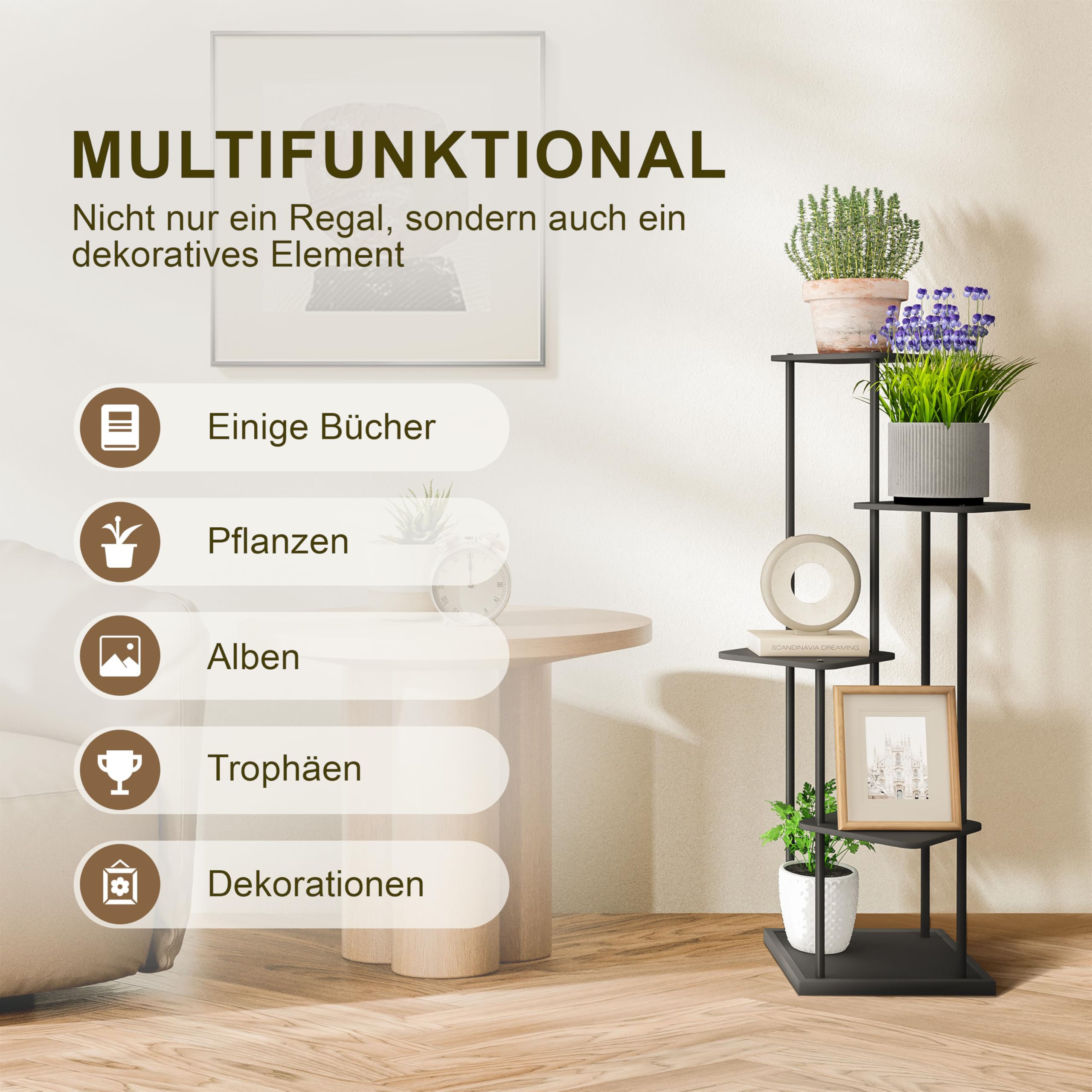 Ribelli 5 Etagen Pflanzenständer, Blumenständer 106 cm, Blumentreppe Blumenregal Pflanzentreppe aus Holz und Metall, Deko für Balkon Garten Wohnzimmer Büro, Schwarz