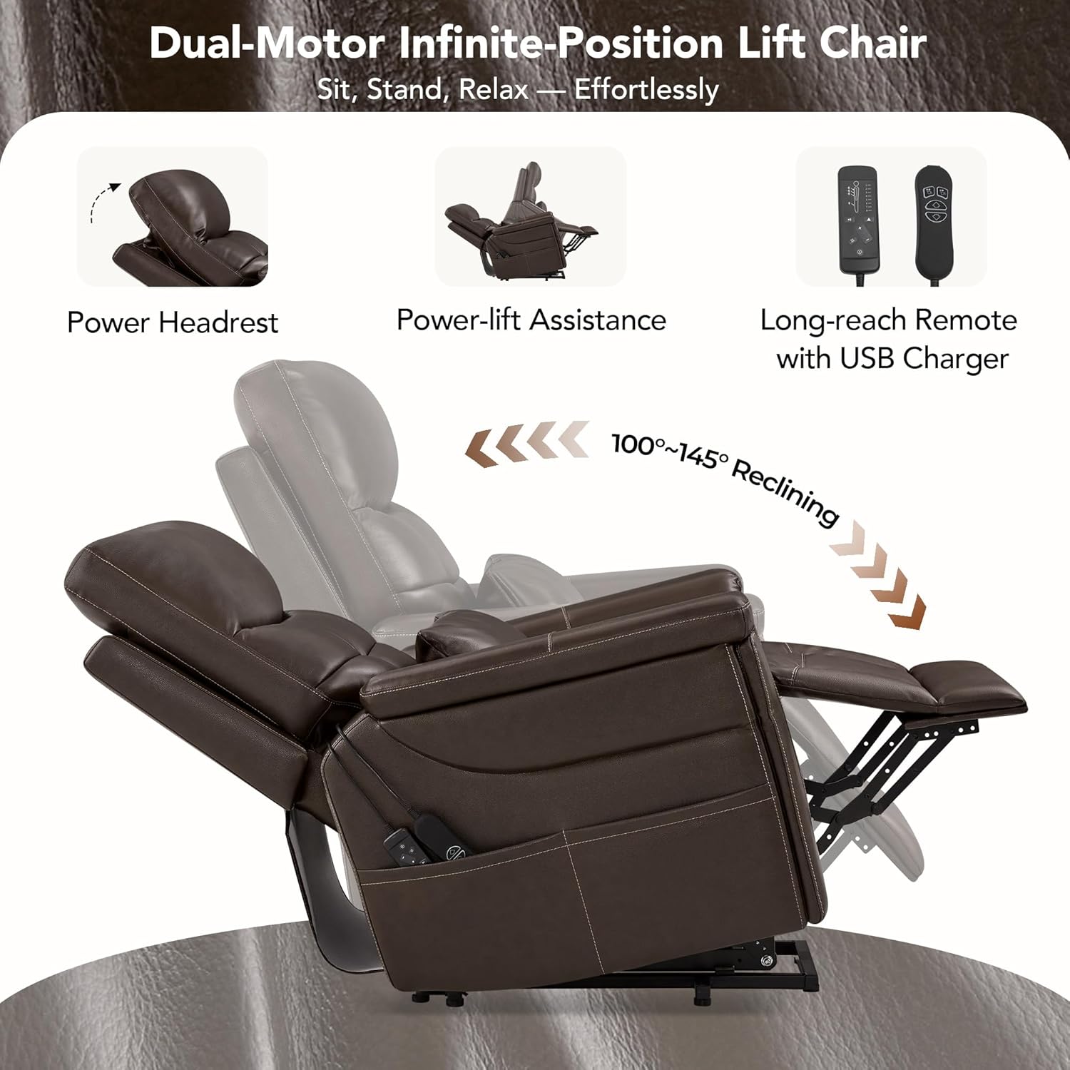 CHITA Power Lift Recliner Chair for Elderly with Power Headrest, Genuine Leather Electric Lift Chairs with Heat and Massage, Cup Holder, Removable Lumbar Pillow, Side Pockets, Real Leather in Brown