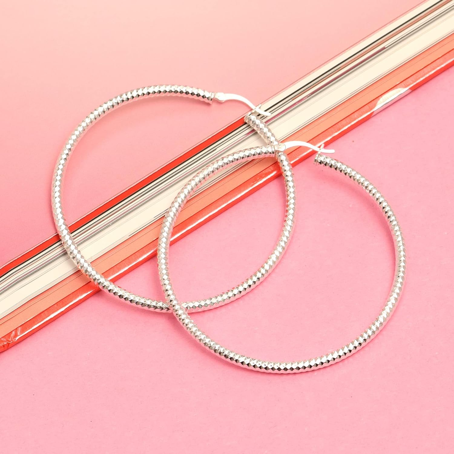 LeCalla 925 Sterling Silver Hoop Earrings for Women Diamond-Cut Classic Textured Italian Design Click-Top Hoop Earrings for Women (15mm to 70mm) - Image 4