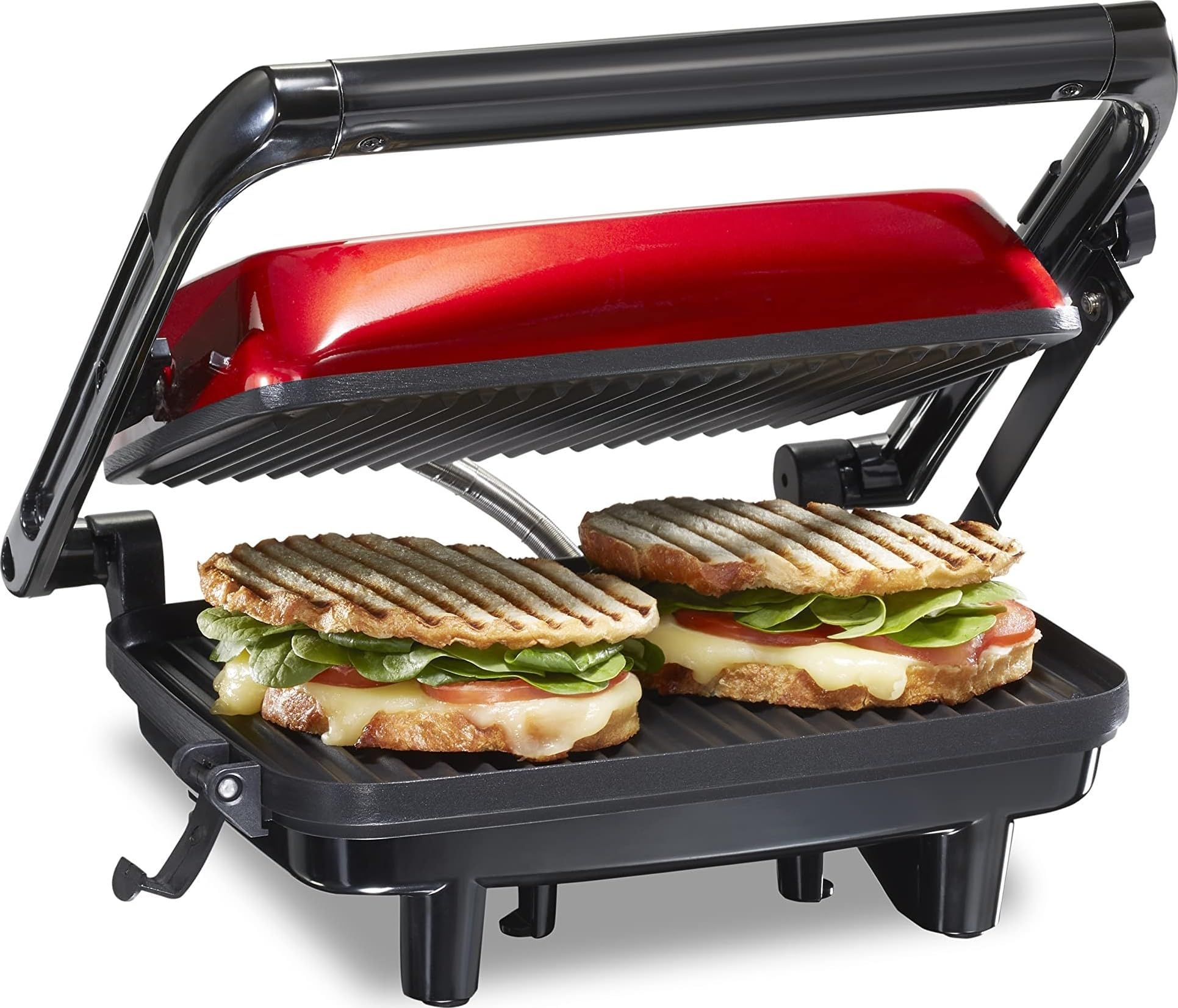 Electric Panini Press Grill with Locking Lid, Opens 180 Degrees for Any Sandwich Thickness, Nonstick 8" X 10" Grids, Red (25462Z) | Floating Hinge Evenly Cooks Any Sandwich | Locking Lid | PFAS-Free Non-Stick 8" x 10" Grids | Red